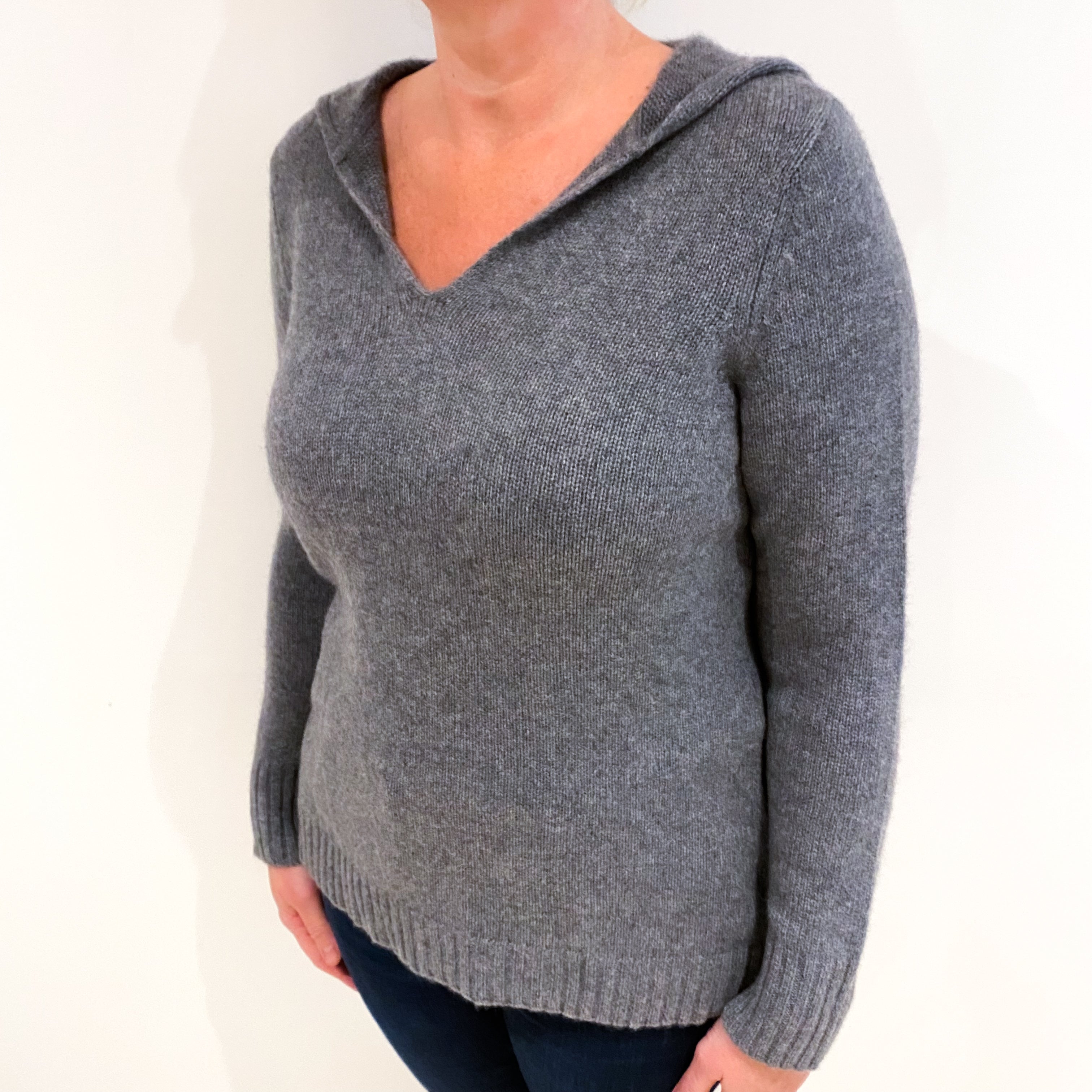 Ash Grey Cashmere Notch Neck Hoodie Jumper Large