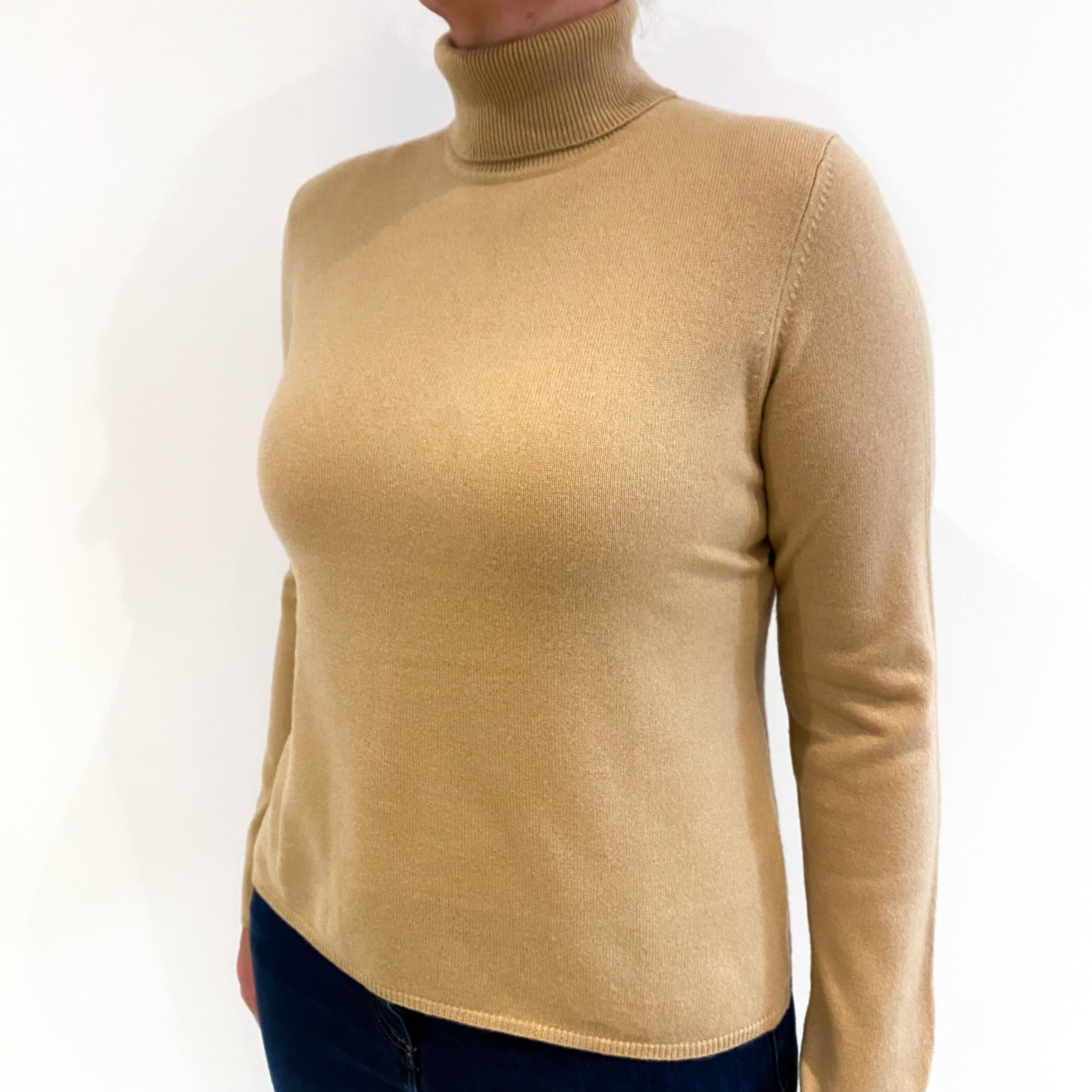Camel Brown Cashmere Polo Neck Jumper Large