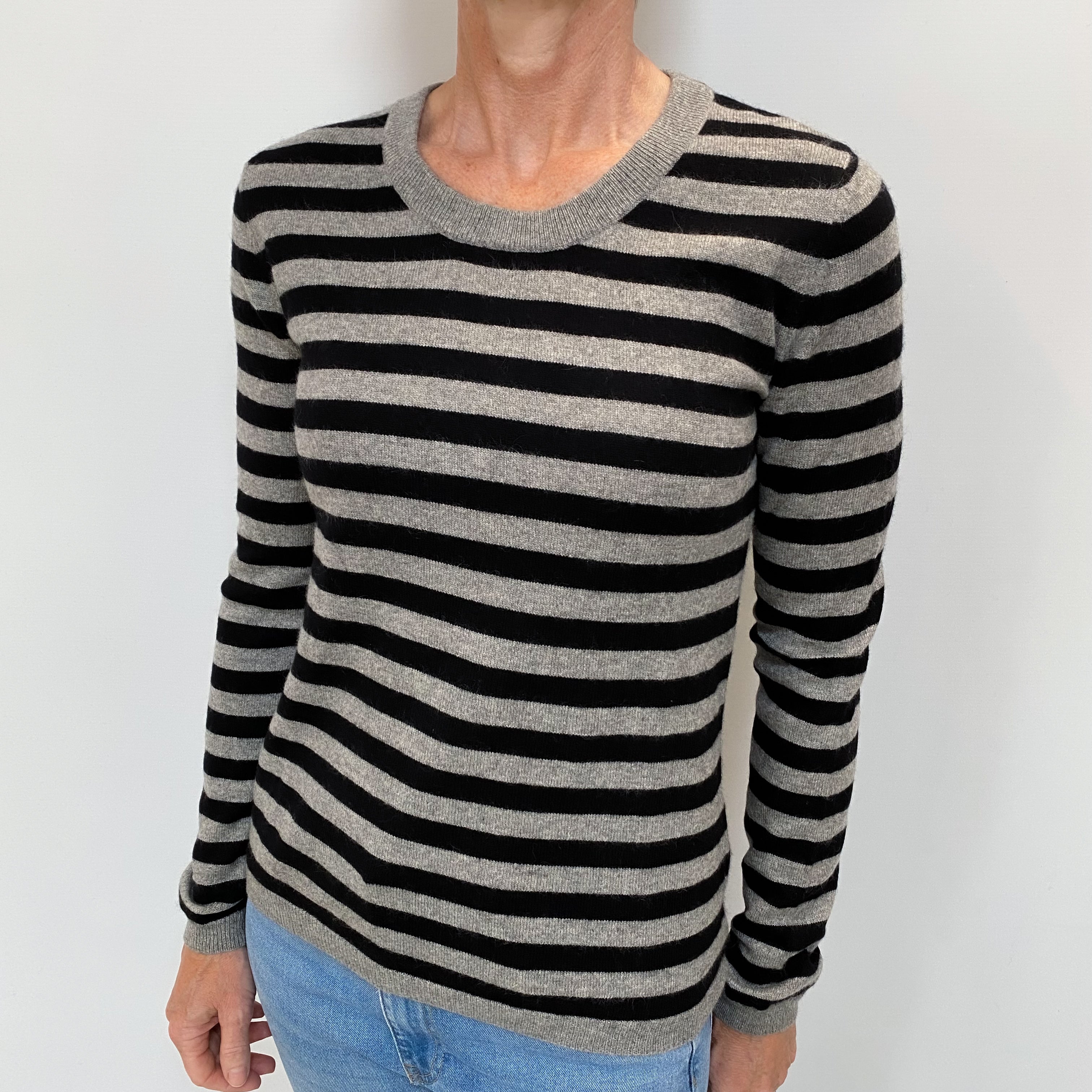 Grey Black Striped Cashmere Crew Neck Jumper Small