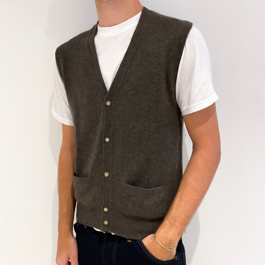Men's Mole Brown Cashmere V-Neck Gilet with Pockets Medium