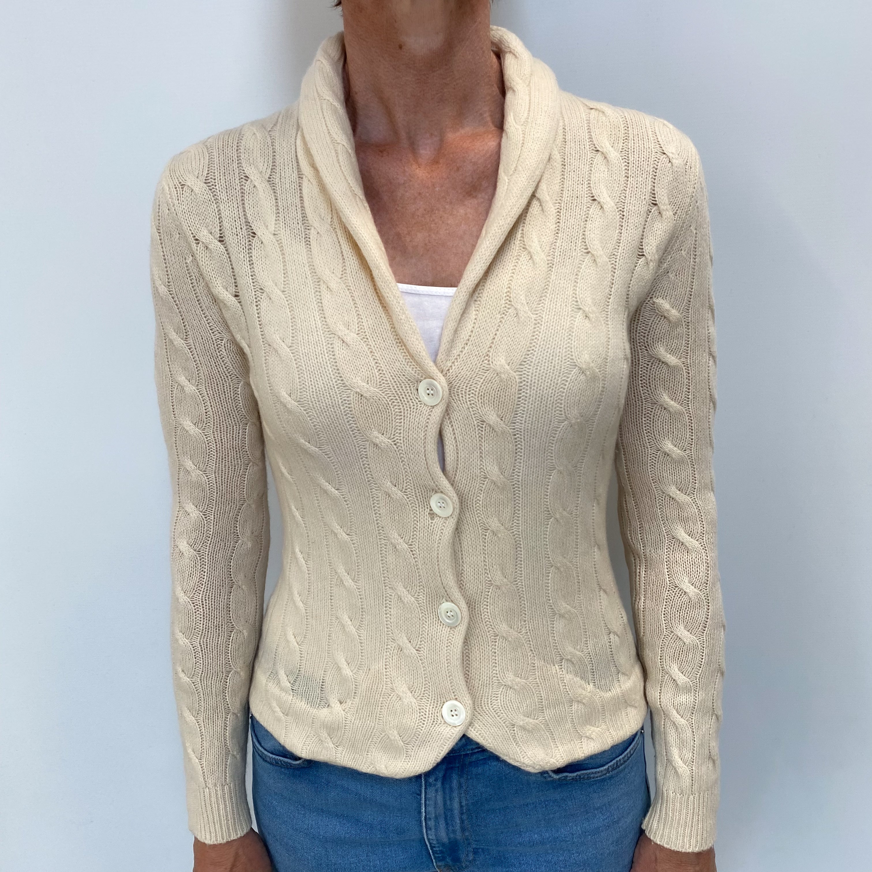 Vanilla Cream Cable Cashmere Shawl Collar Cardigan Small