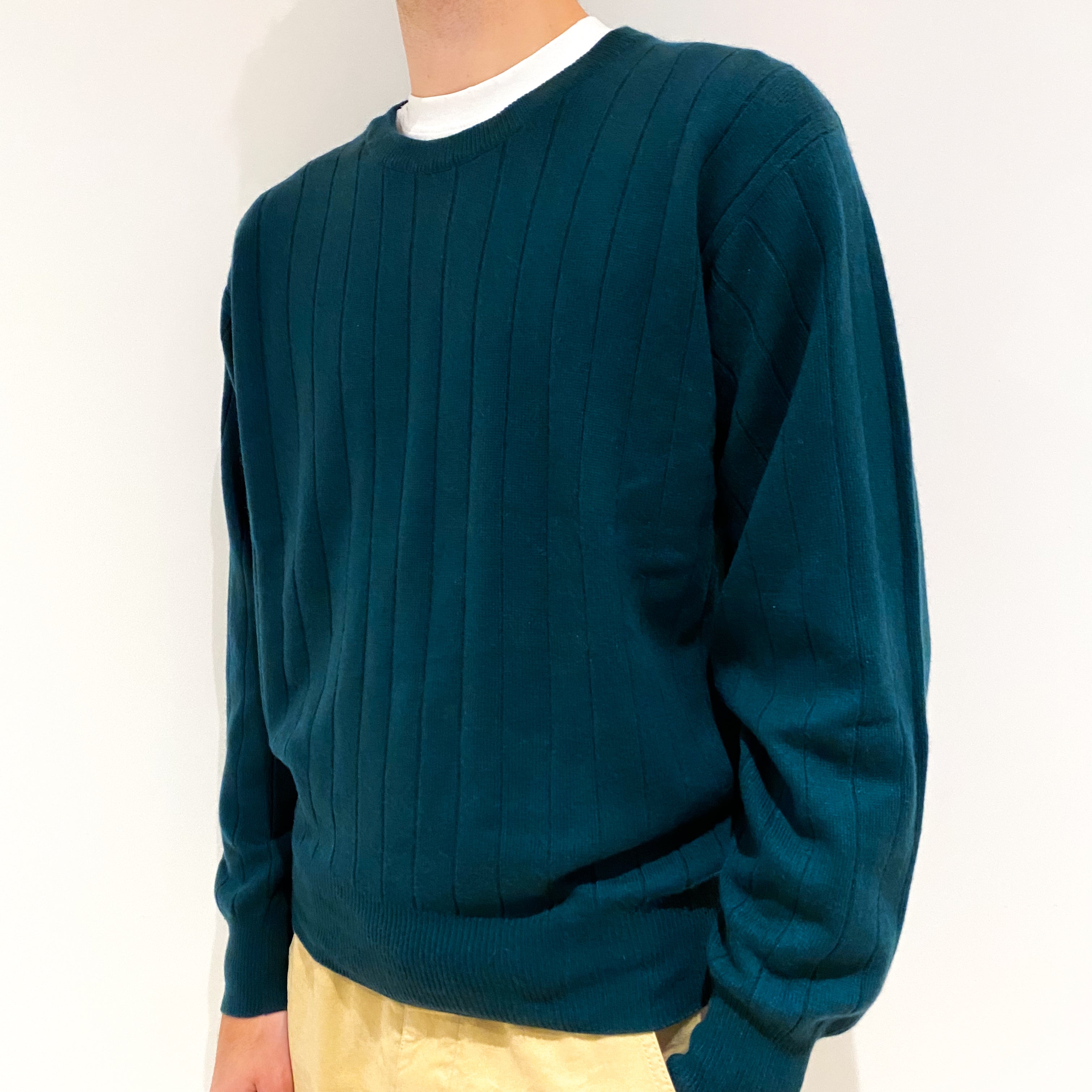 Men's Vintage Bottle Green Cashmere Crew Neck Jumper Large