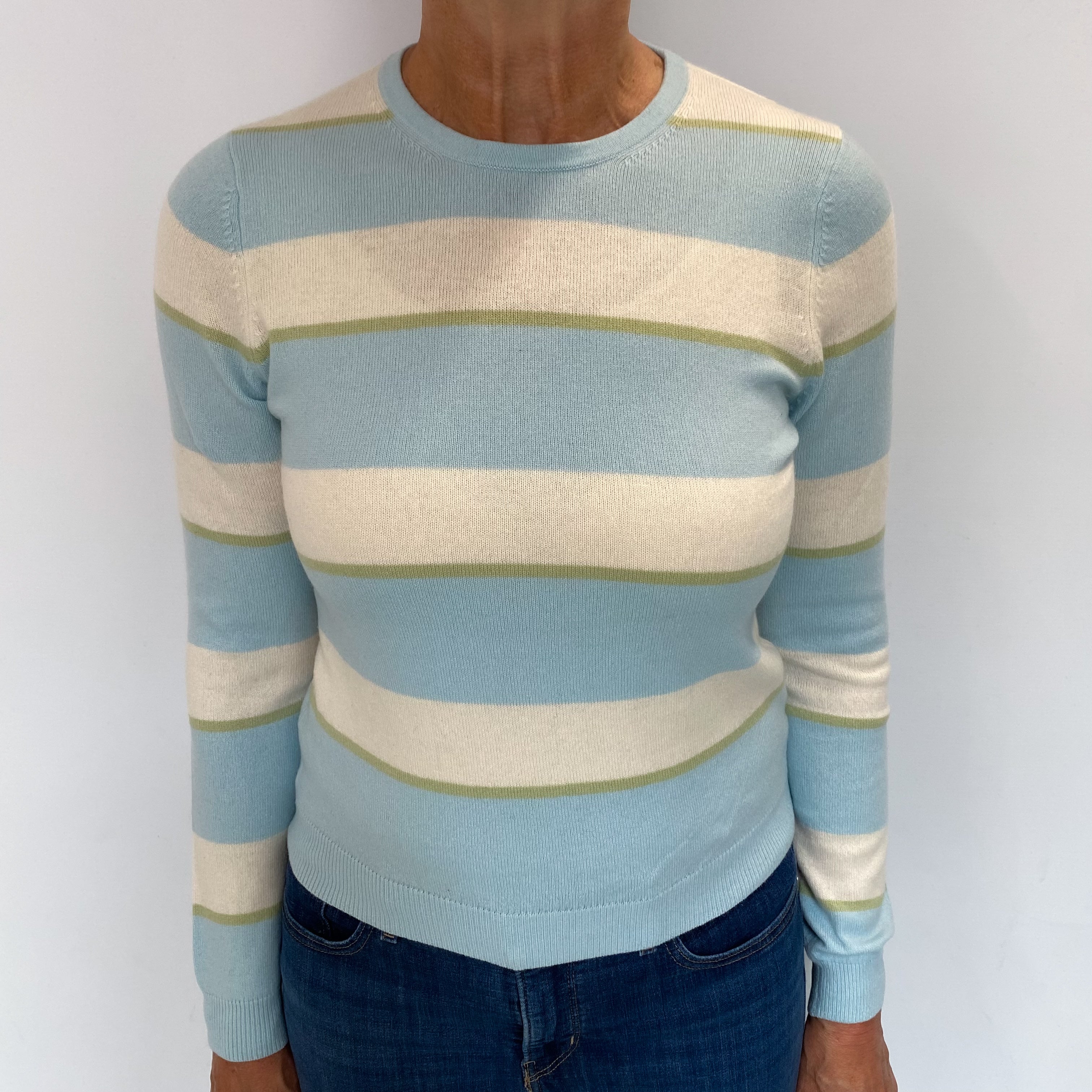 Powder Blue Striped Cashmere Crew Neck Jumper Medium