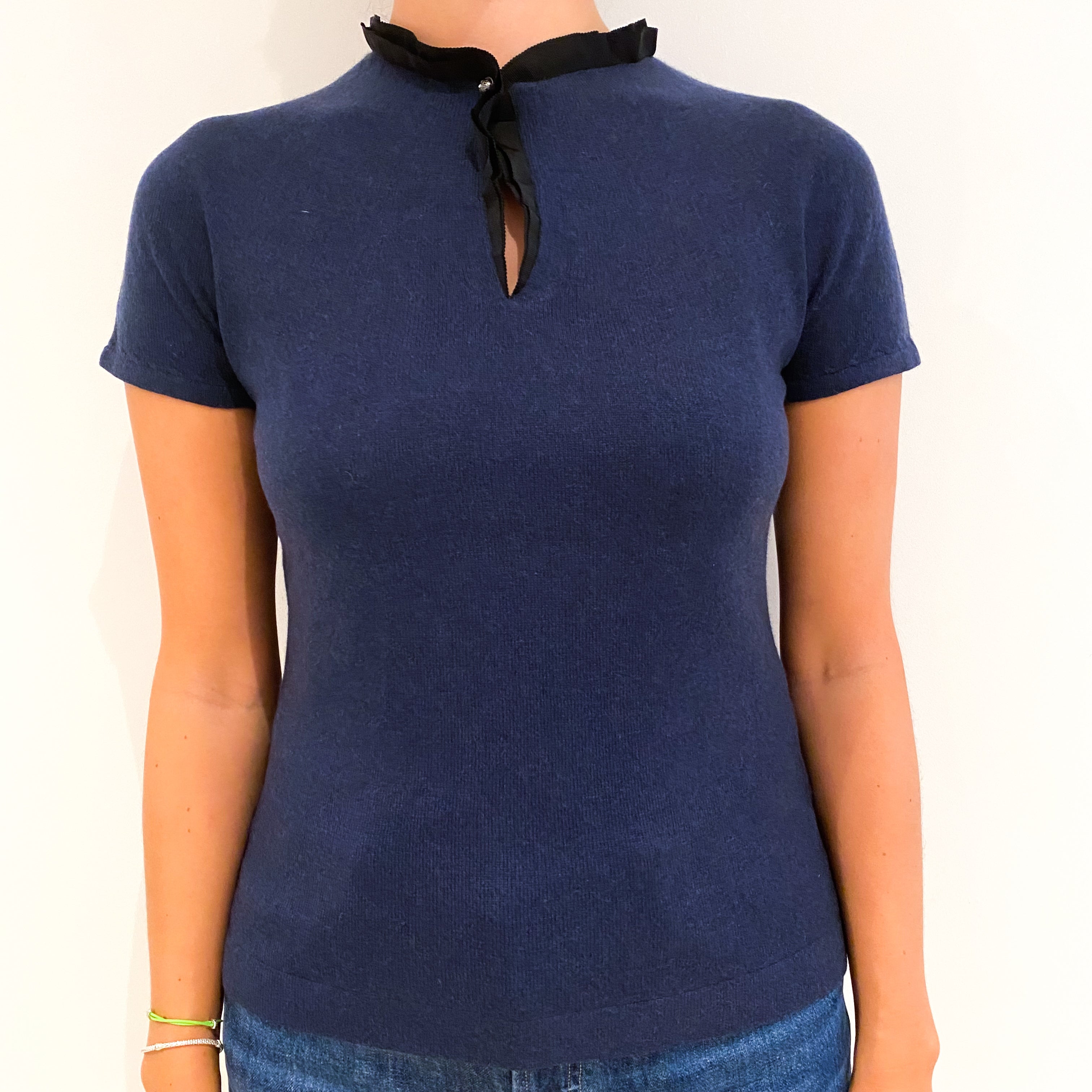 Midnight Blue Short Sleeved Cashmere Mandarin Neck Jumper Small