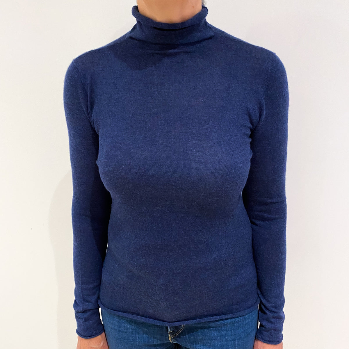 Denim Blue Lightweight Cashmere Polo Neck Jumper Medium