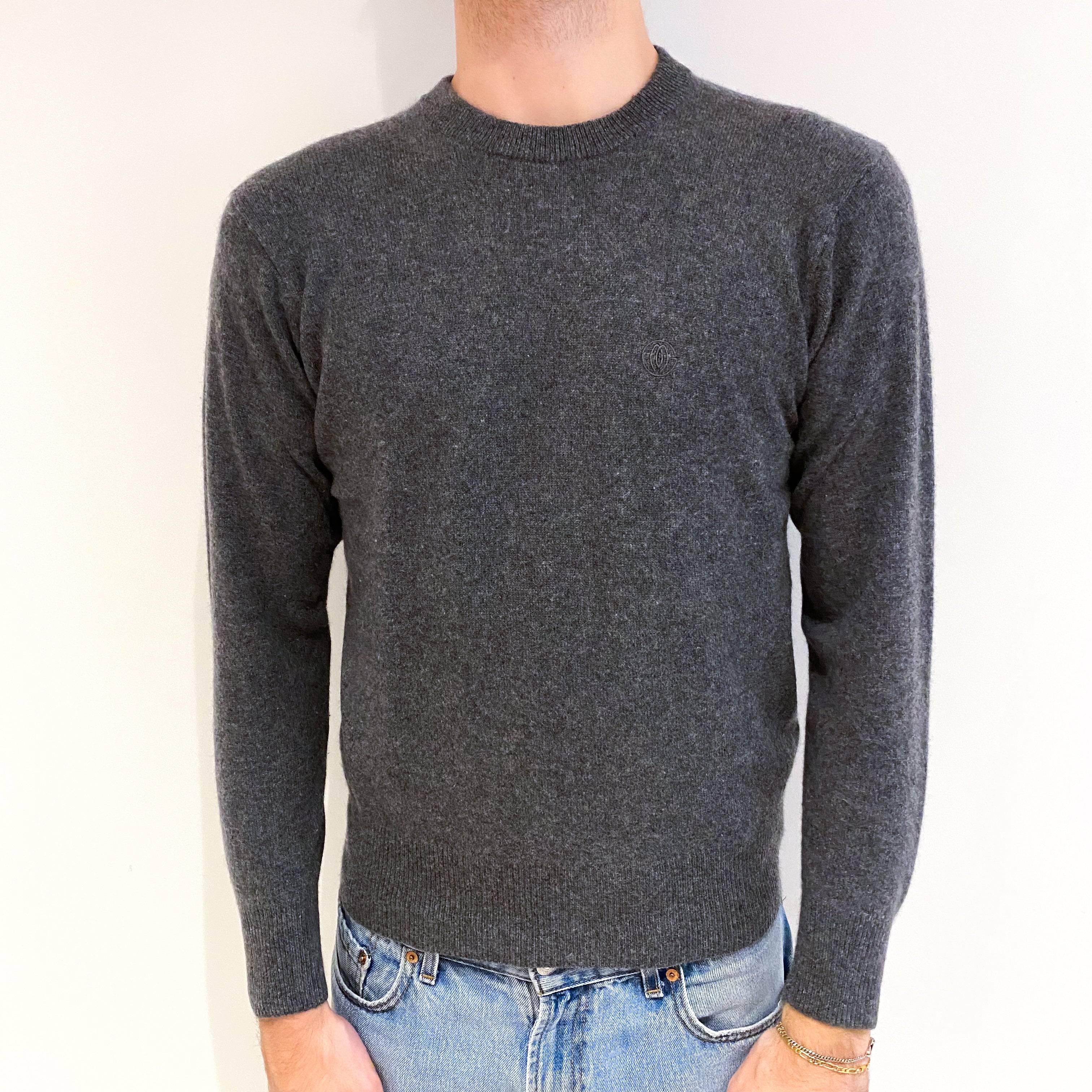 Men's Charcoal Grey Cashmere V Neck Jumper Medium