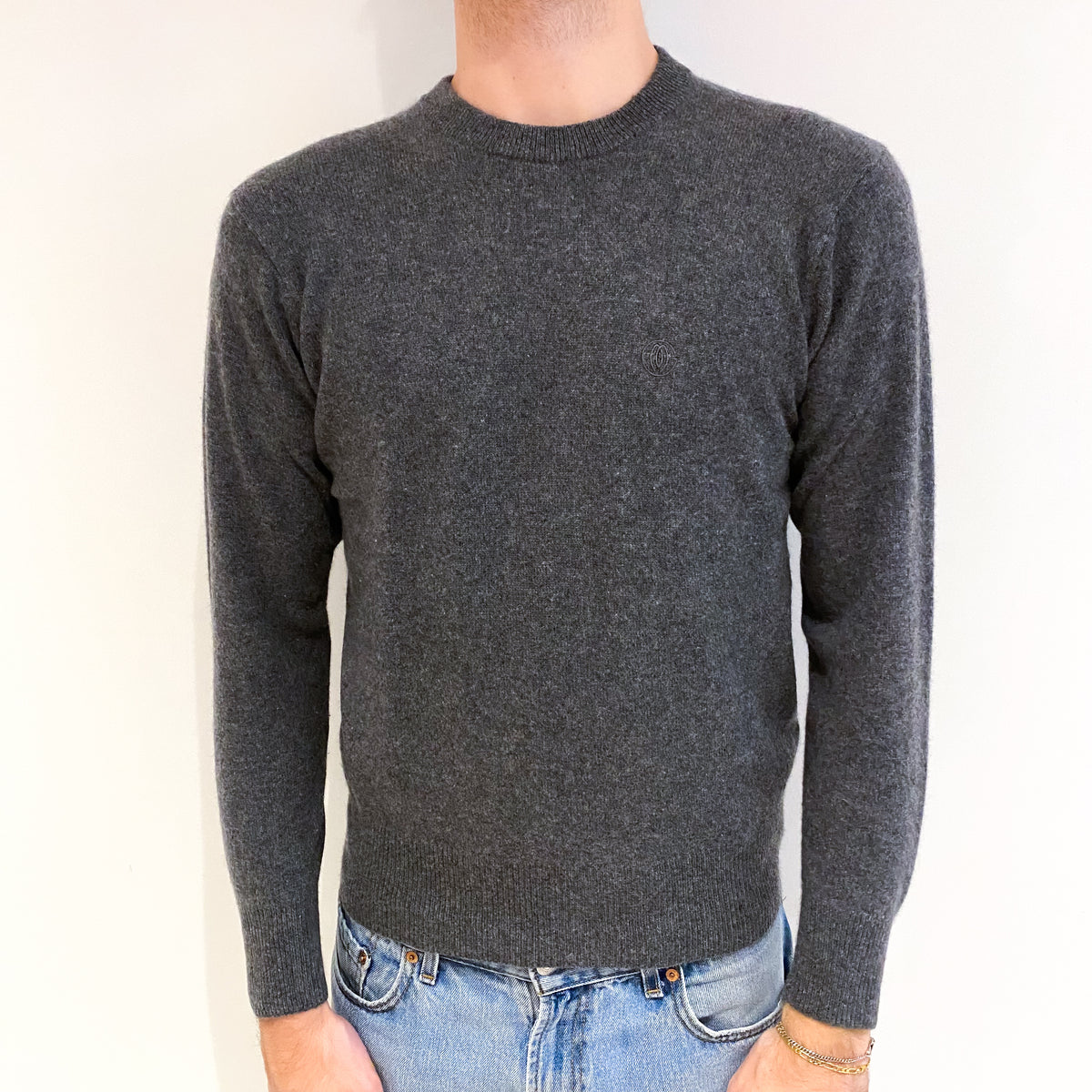 Men's Charcoal Grey Cashmere V Neck Jumper Medium