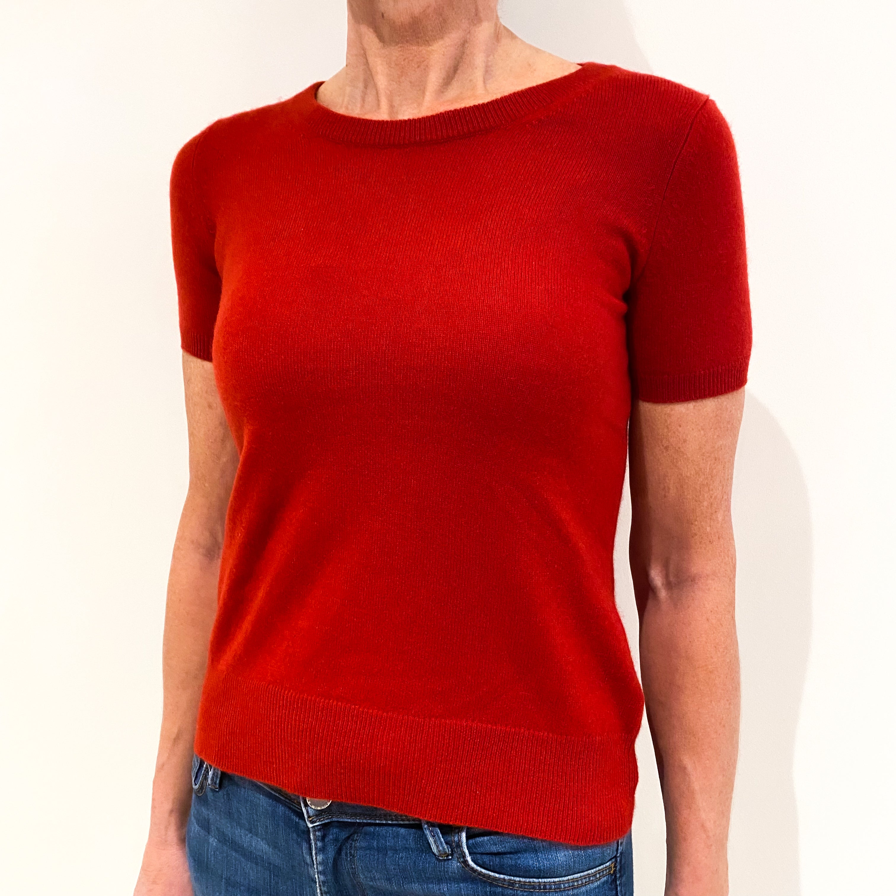 Scarlet Red Short Sleeved Cashmere Crew Neck Jumper Small