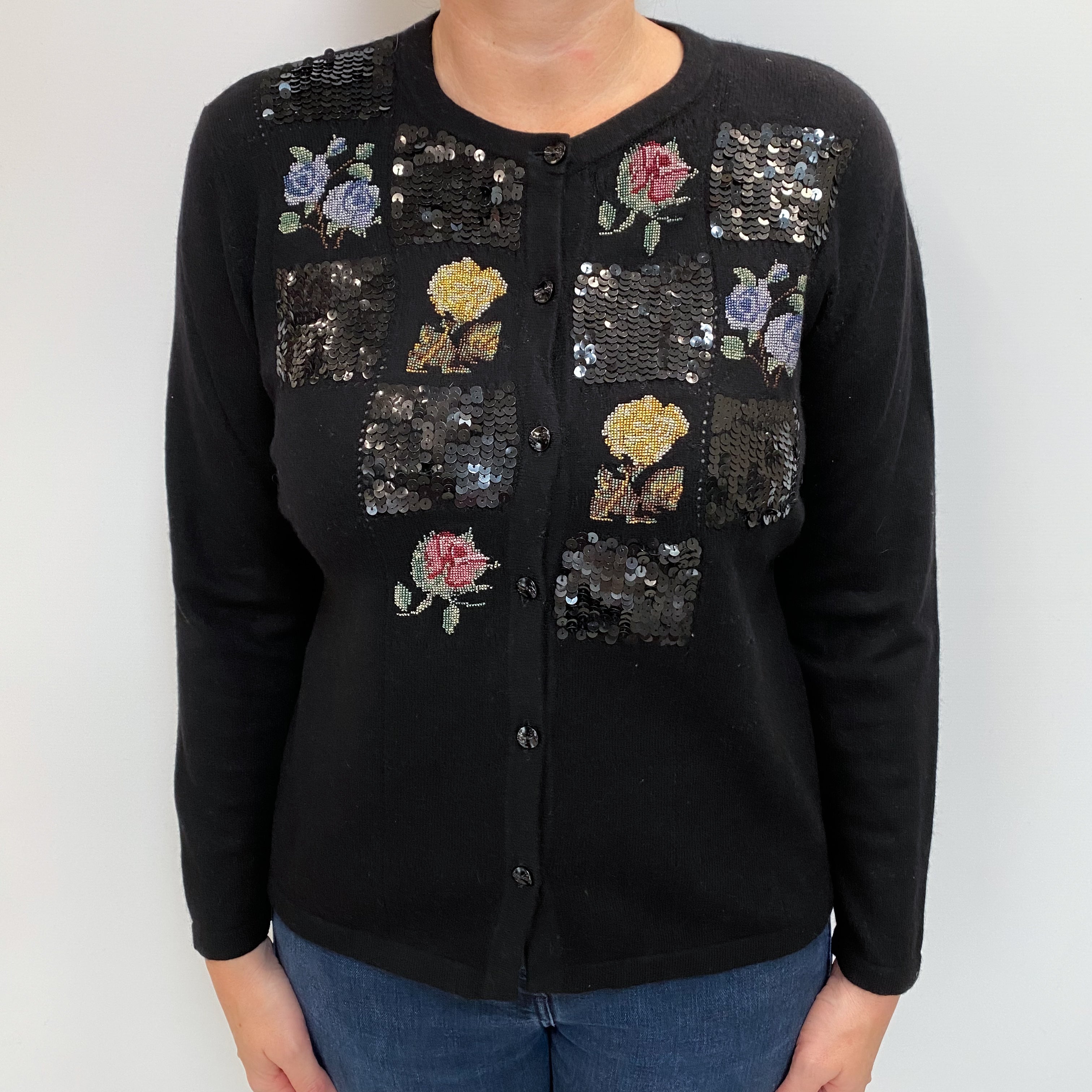 Black Floral Cashmere Crew Cardigan Large