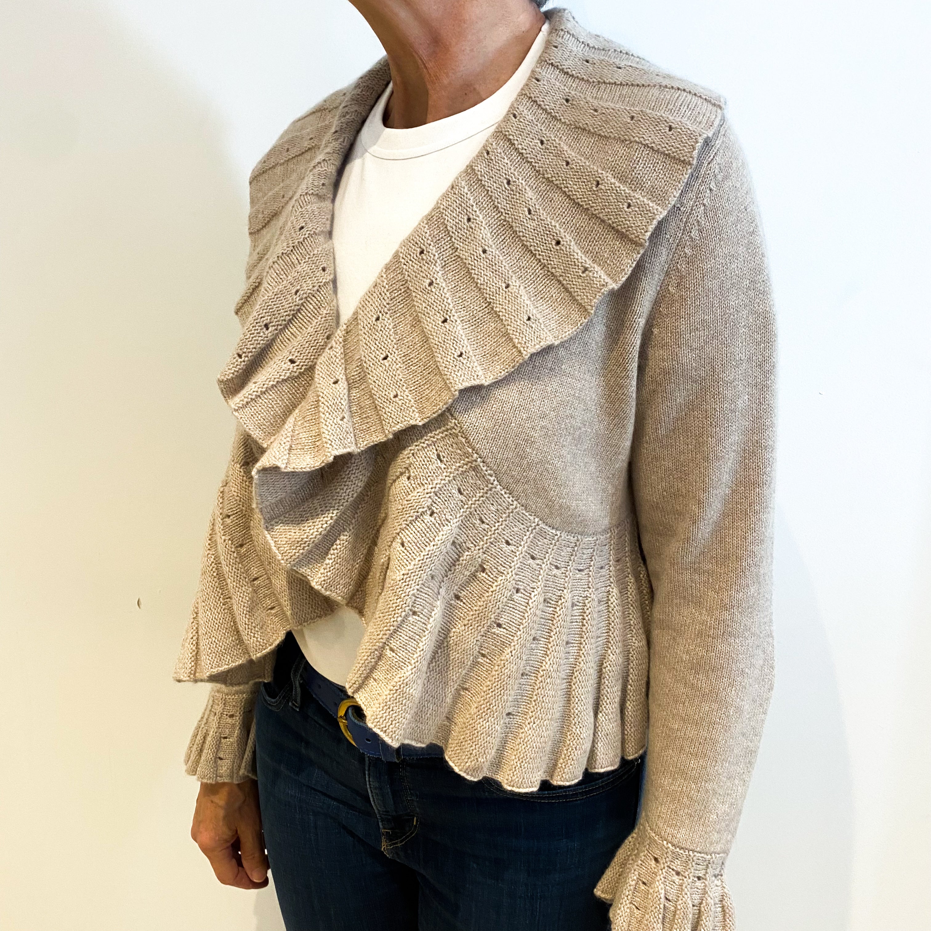 Fawn Beige Cashmere Ruffle Trimmed Cardigan Medium
