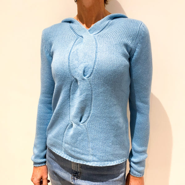 Sky Blue Chunky Cashmere Hooded Jumper Small