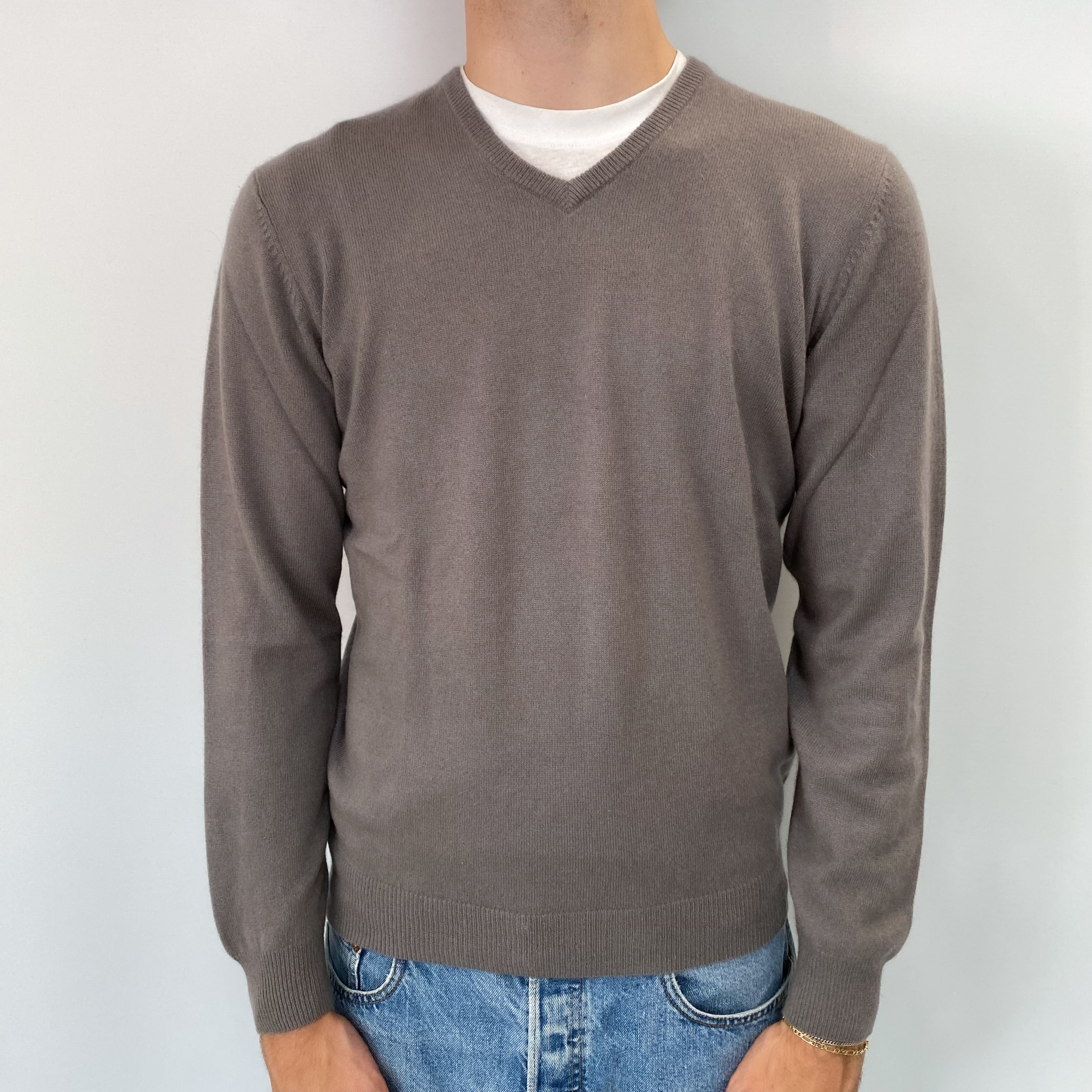Men's Fossil Grey Cashmere V Neck Jumper Medium