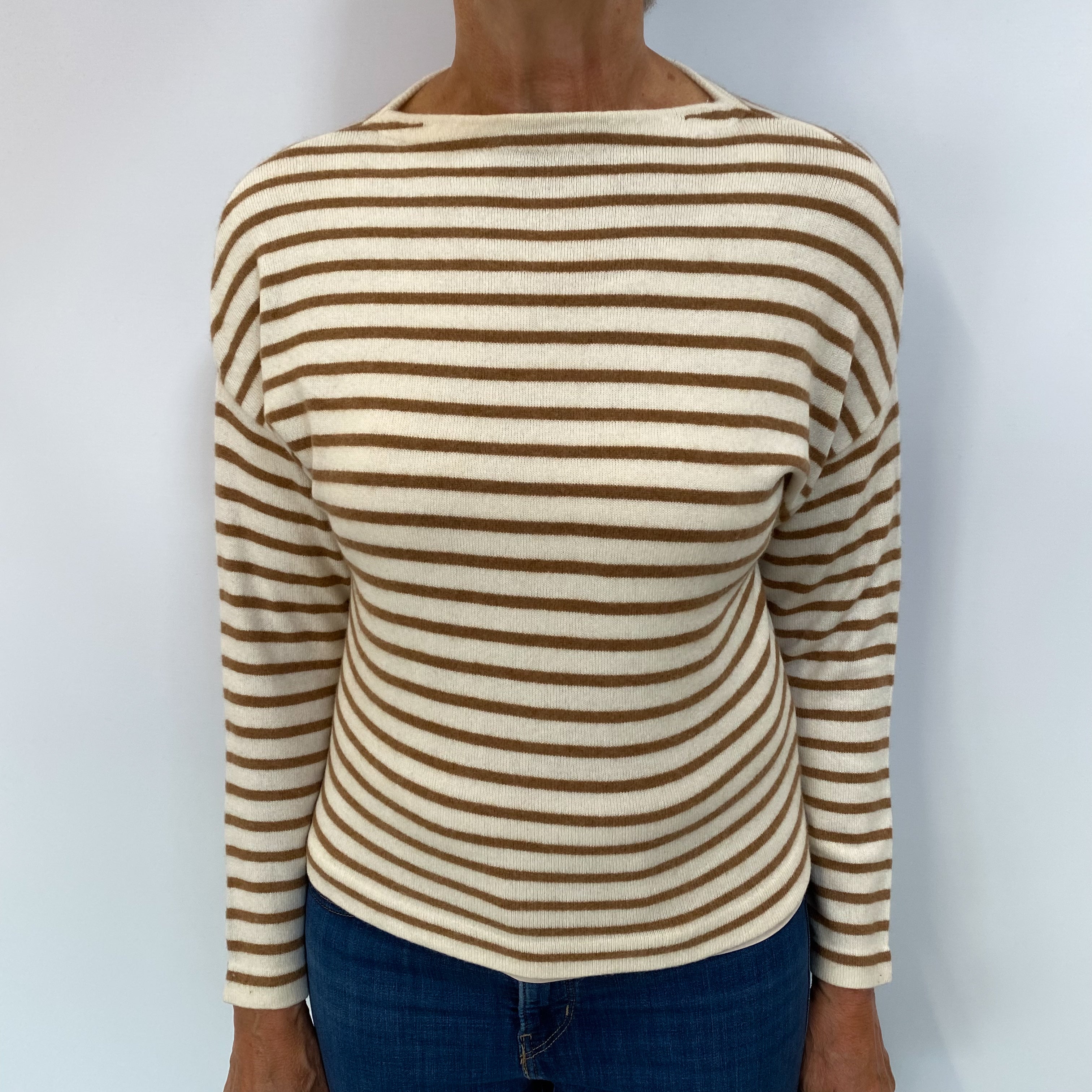 Cream and Brown Striped Cashmere Slash Neck Jumper Medium