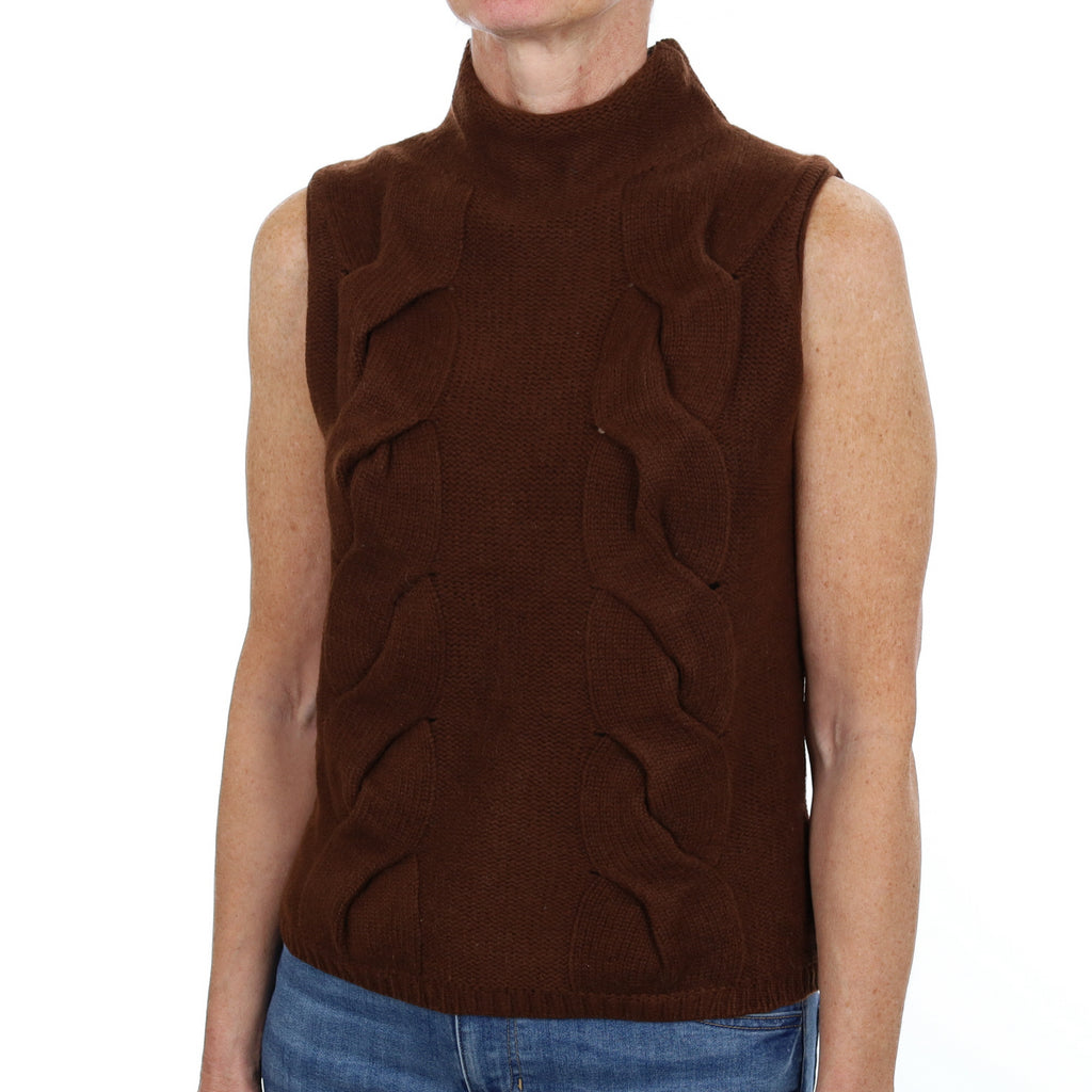 Dark Chocolate Brown Cashmere Turtle Neck Sleeveless Jumper Small