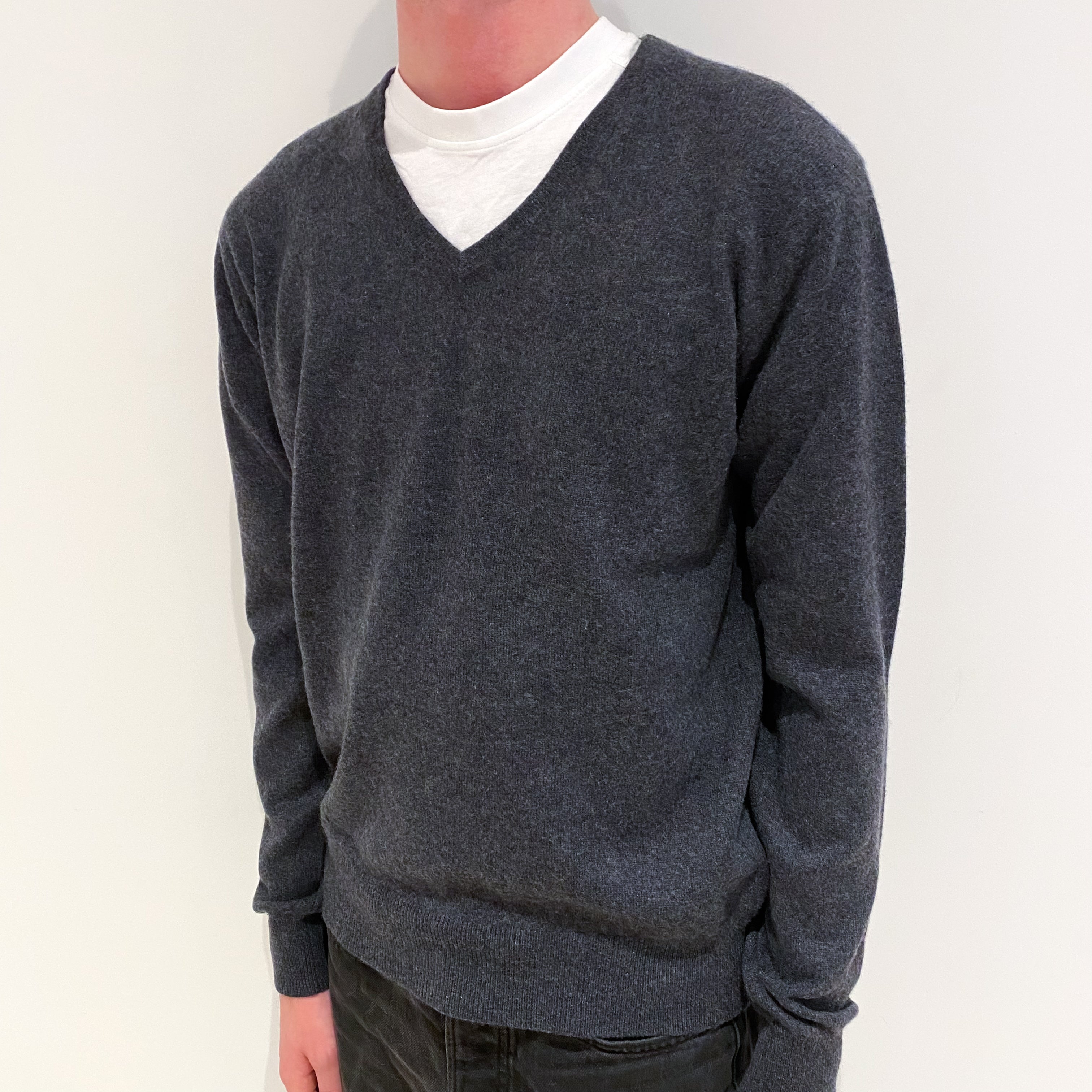 Men's Slate Grey Cashmere V-Neck Jumper Small