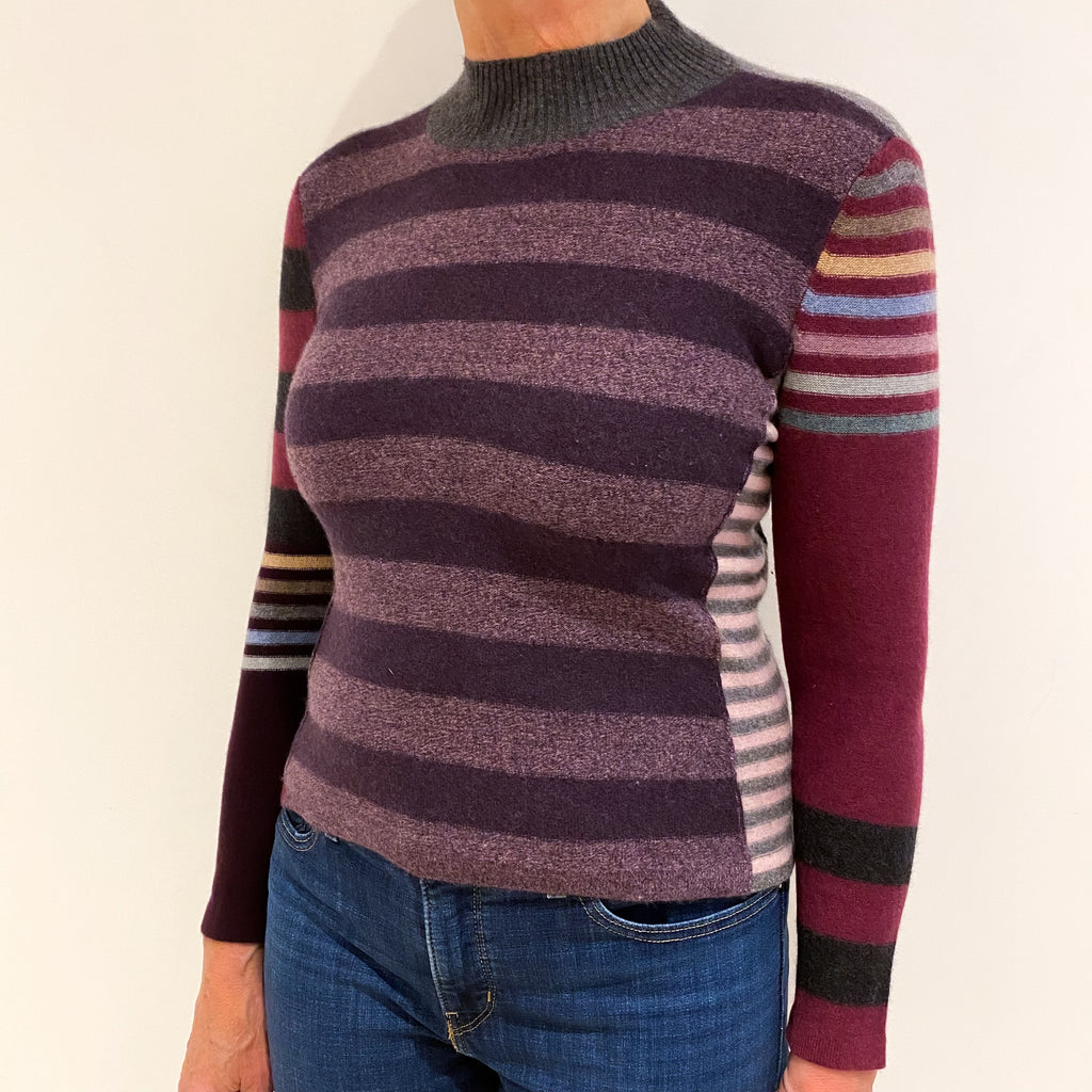 Purple Multicoloured Striped Cashmere Turtle Neck Jumper Medium