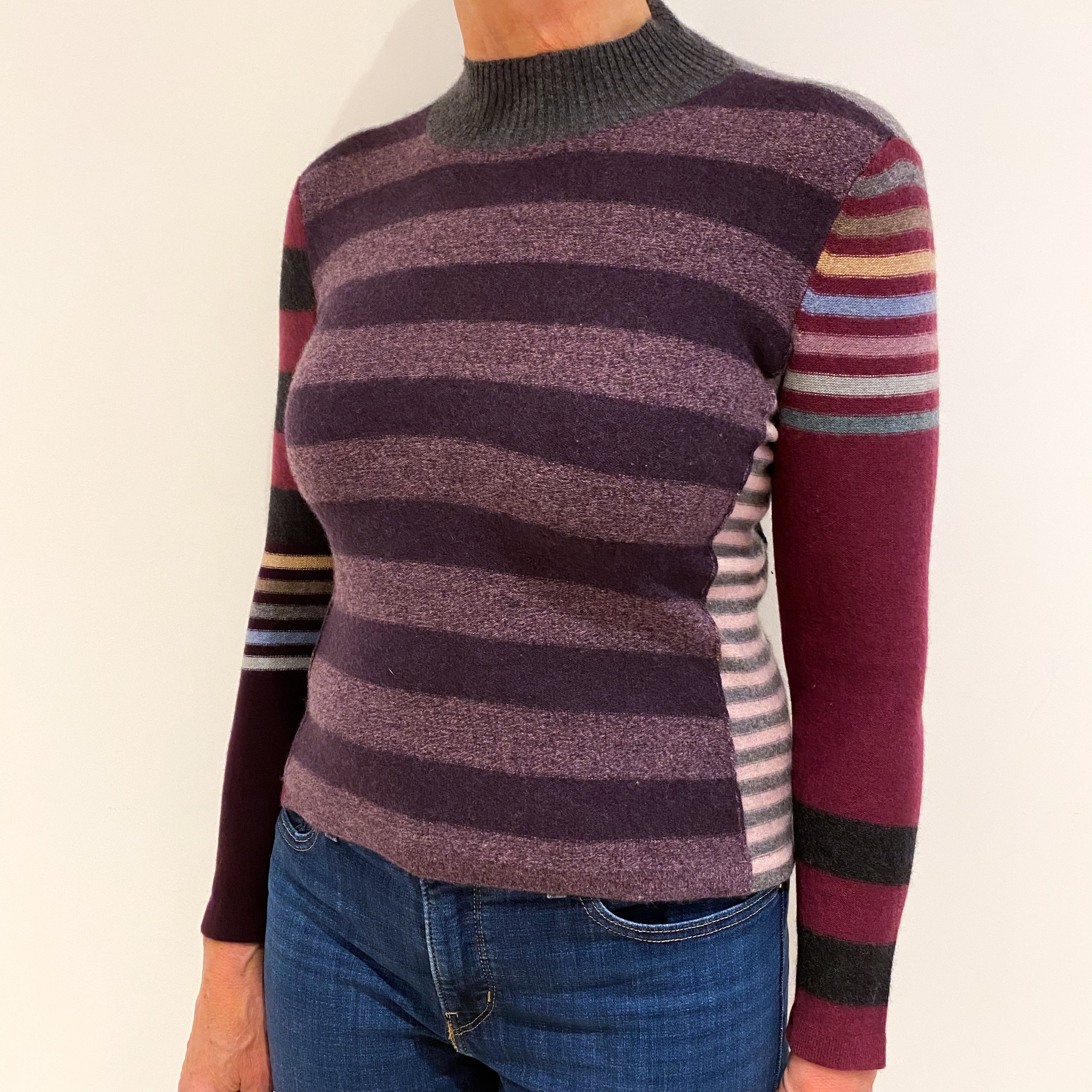 Purple Multicoloured Striped Cashmere Turtle Neck Jumper Medium