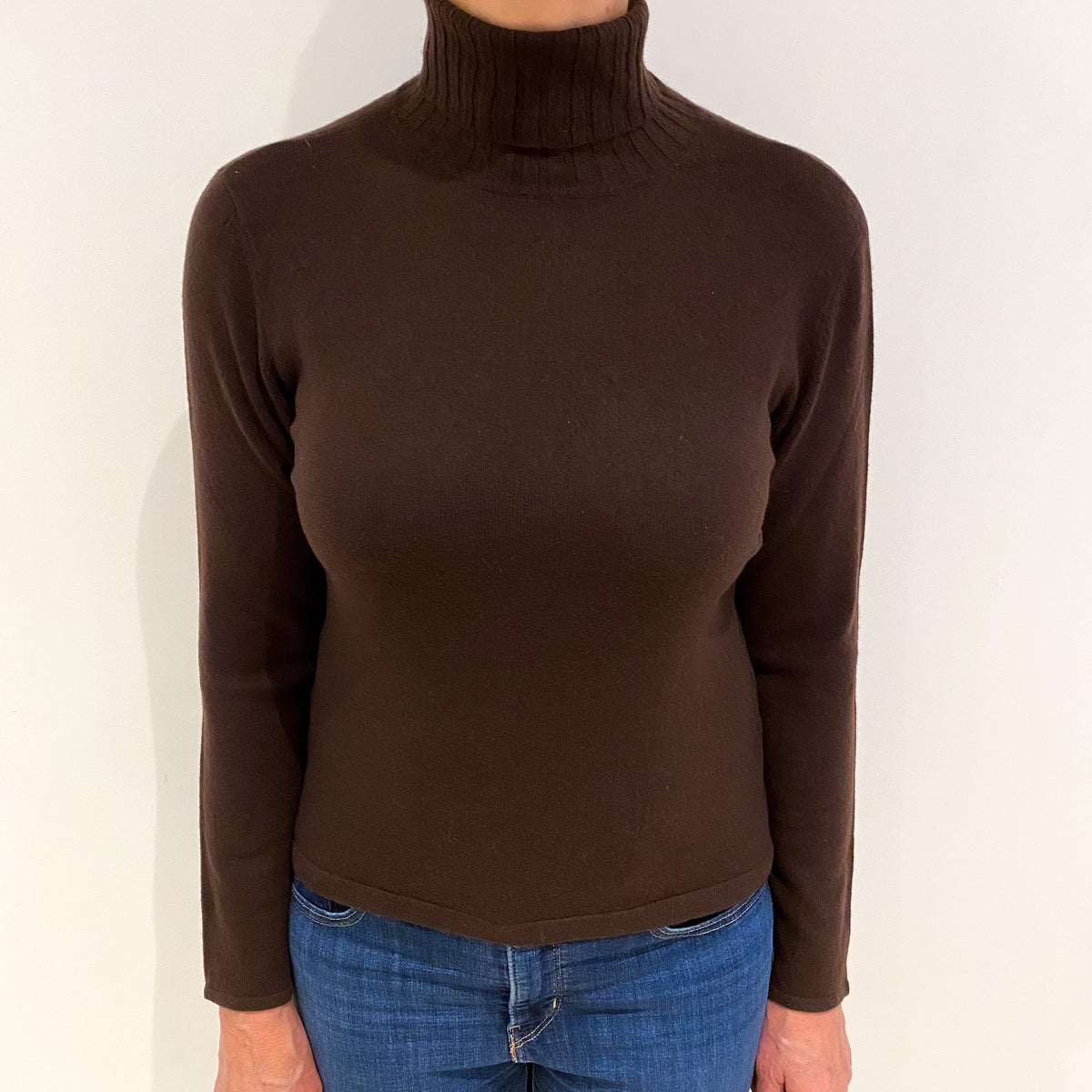 Dark Chocolate Brown Cashmere Polo Neck Jumper Medium
