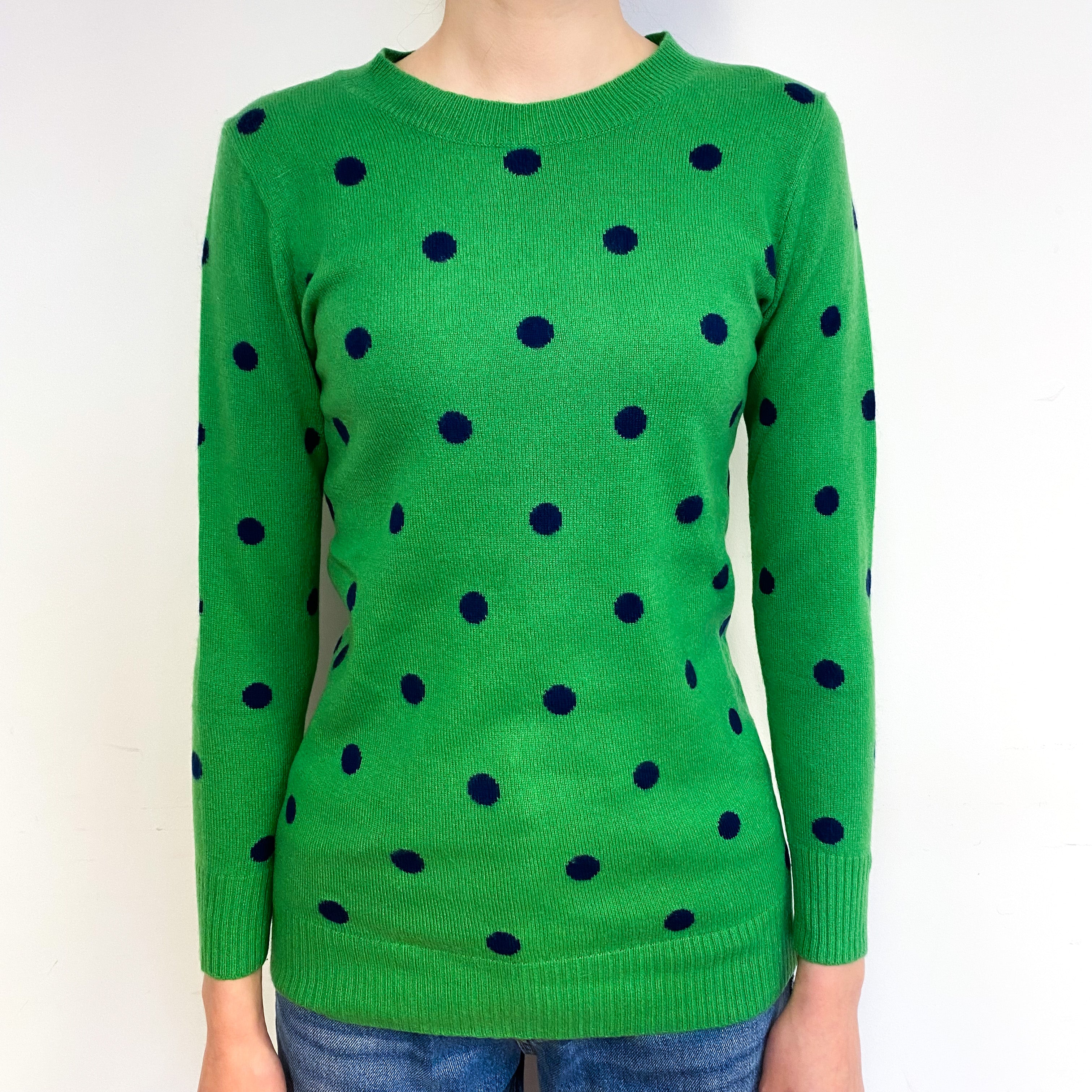 Jade Green Navy Spot Cashmere Crew Neck Jumper Extra Small