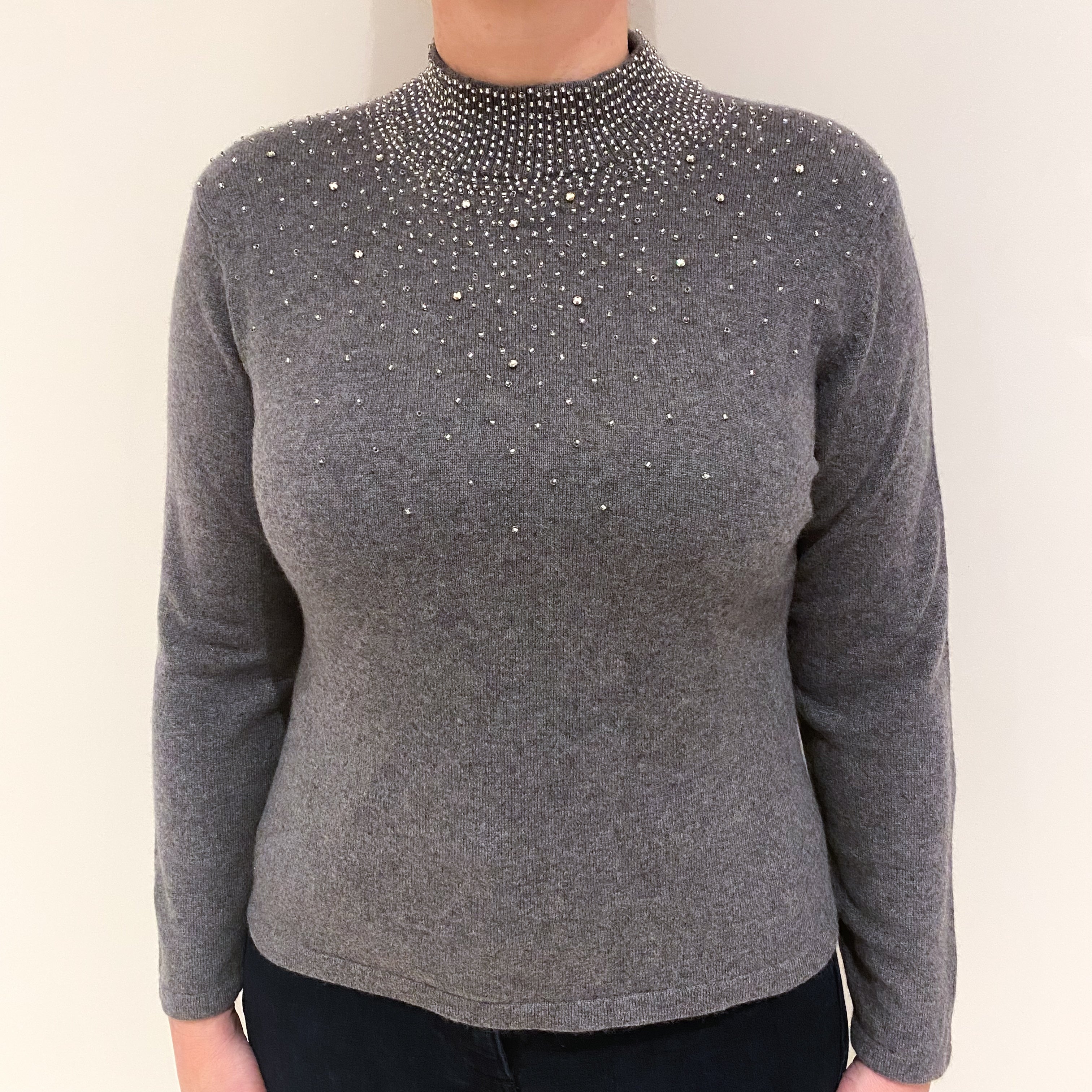Ash Grey Embellished Cashmere Turtle Neck Jumper Large