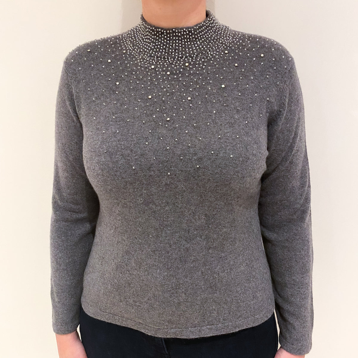 Ash Grey Embellished Cashmere Turtle Neck Jumper Large