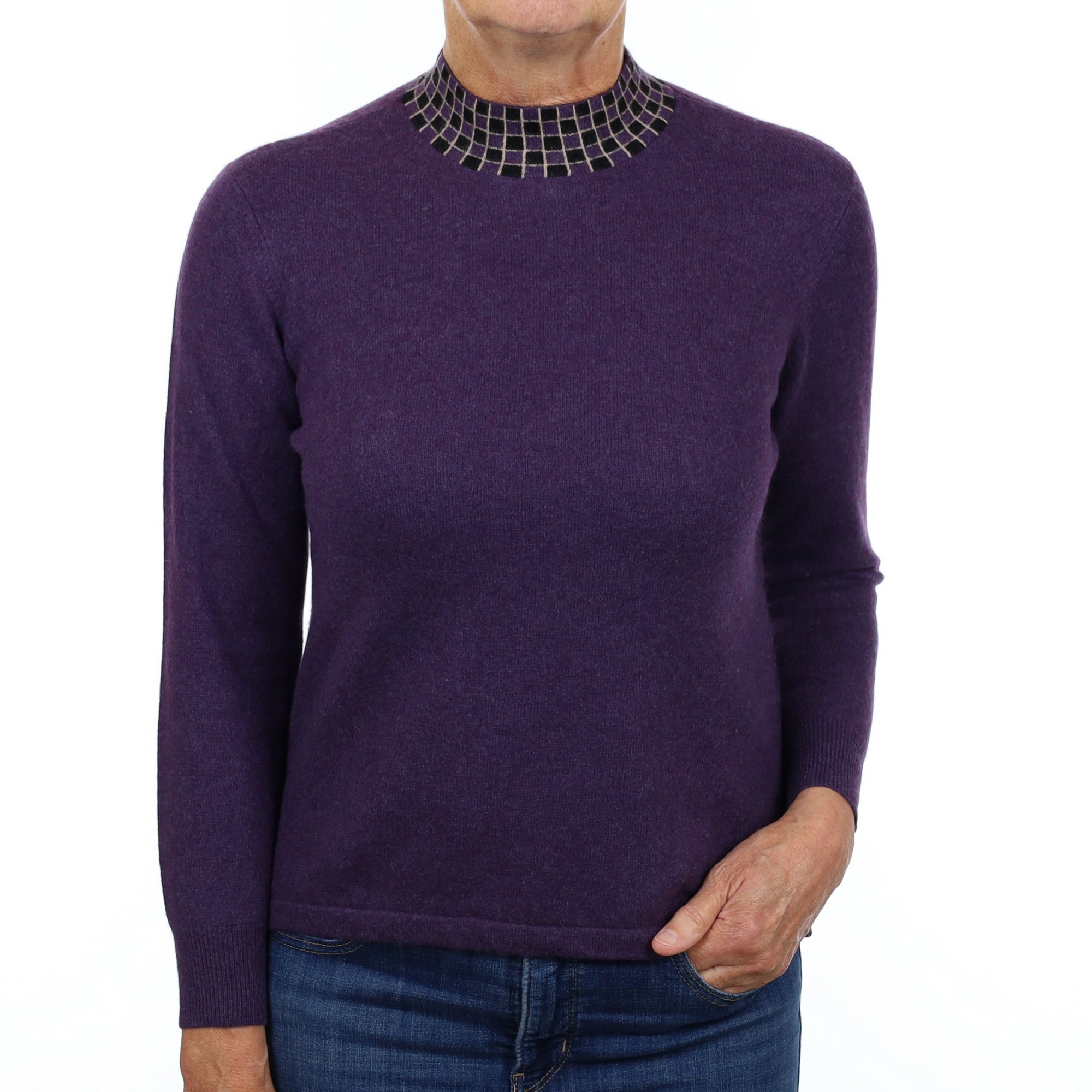 Blueberry Purple Cashmere Patterned Turtle Neck Jumper Medium