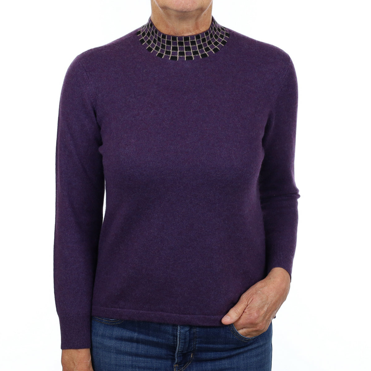 Blueberry Purple Cashmere Patterned Turtle Neck Jumper Medium