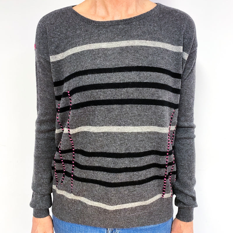 Slate Grey And Black Stripe Cashmere Crew Neck Jumper Medium