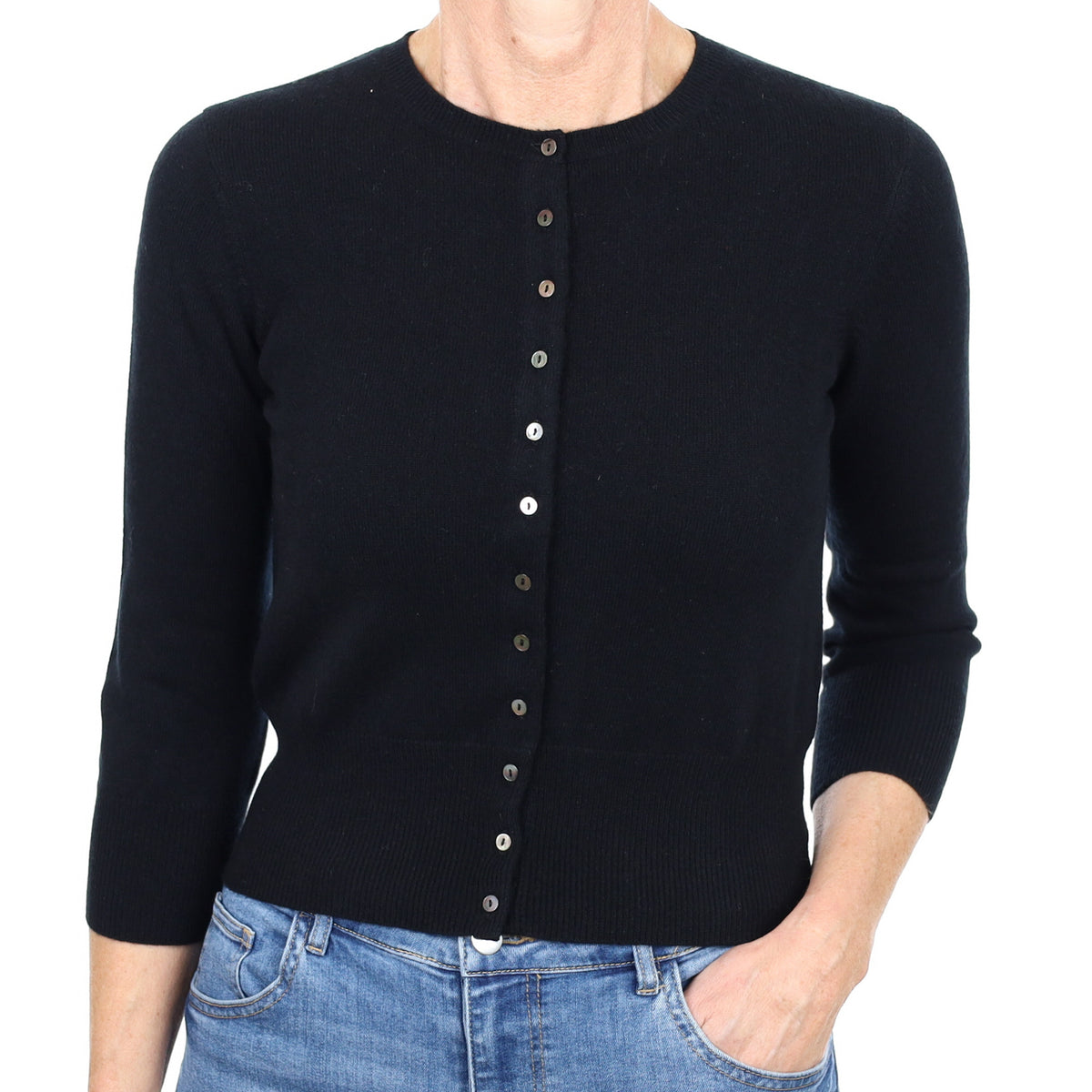 New Black Cashmere Crew Neck Cardigan Small