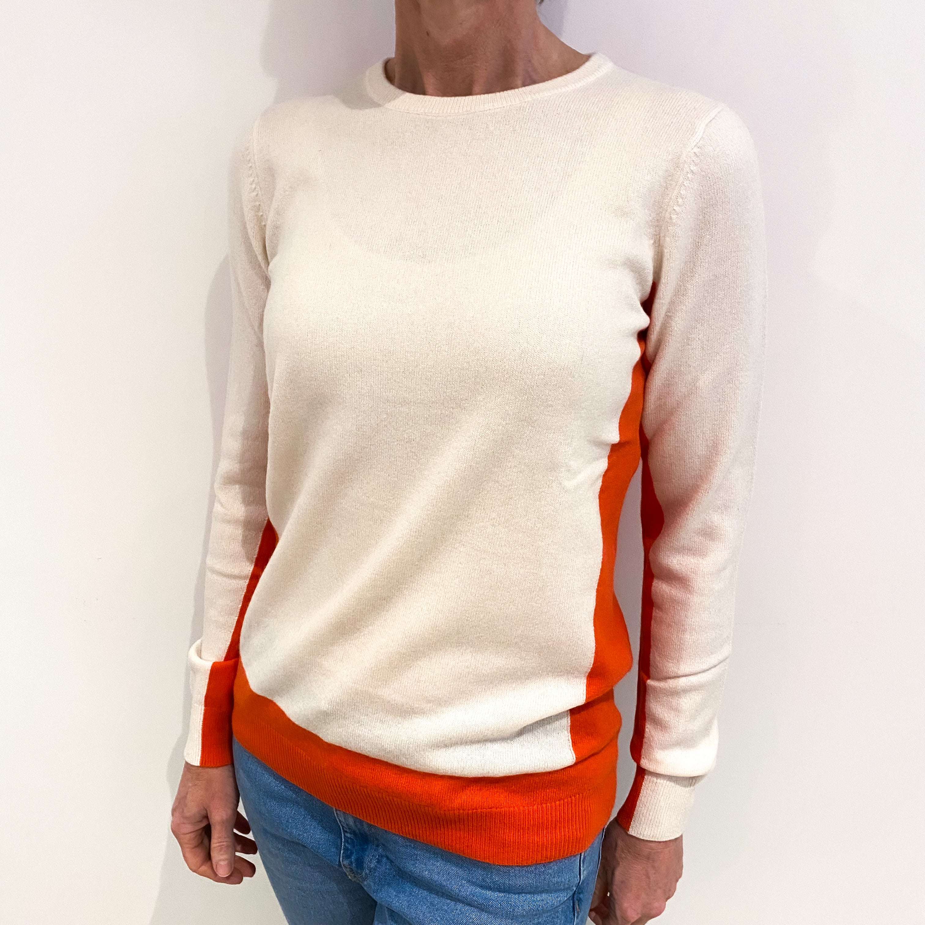 Bright Orange And Cream Cashmere Crew Neck Jumper Small