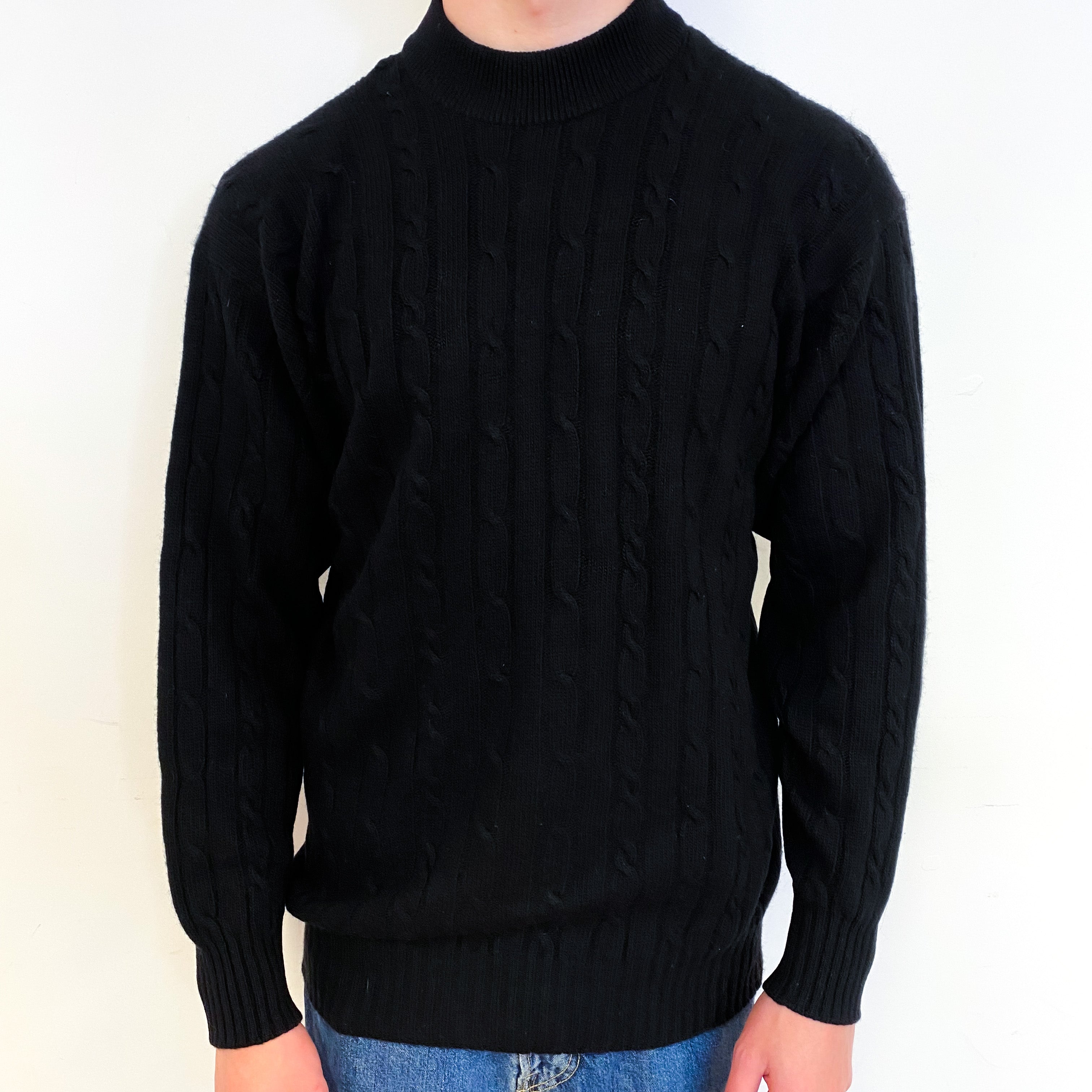 Men's Black Chunky Cable Cashmere Crew Neck Jumper Small