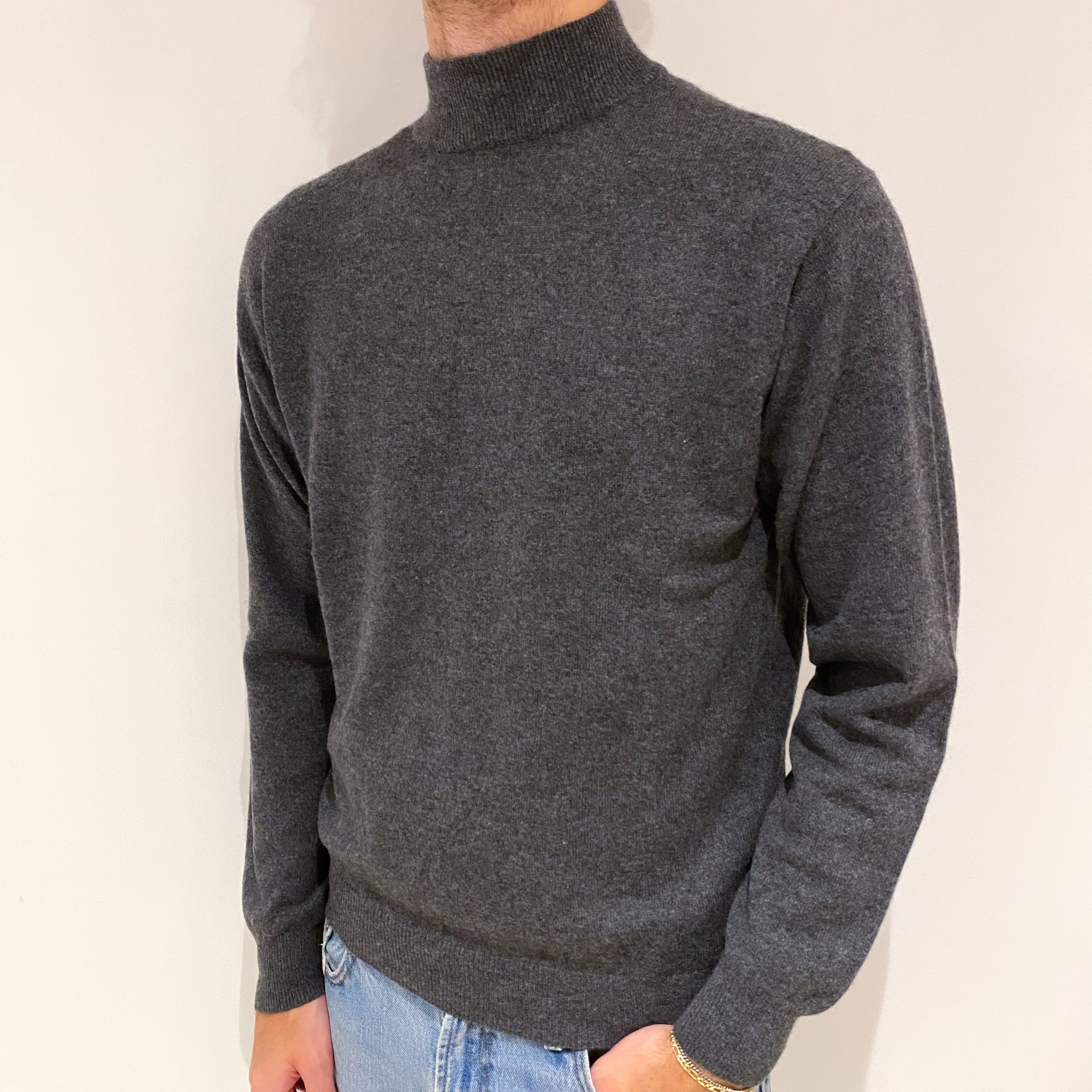Men's Slate Grey Cashmere Turtle Neck Jumper Large