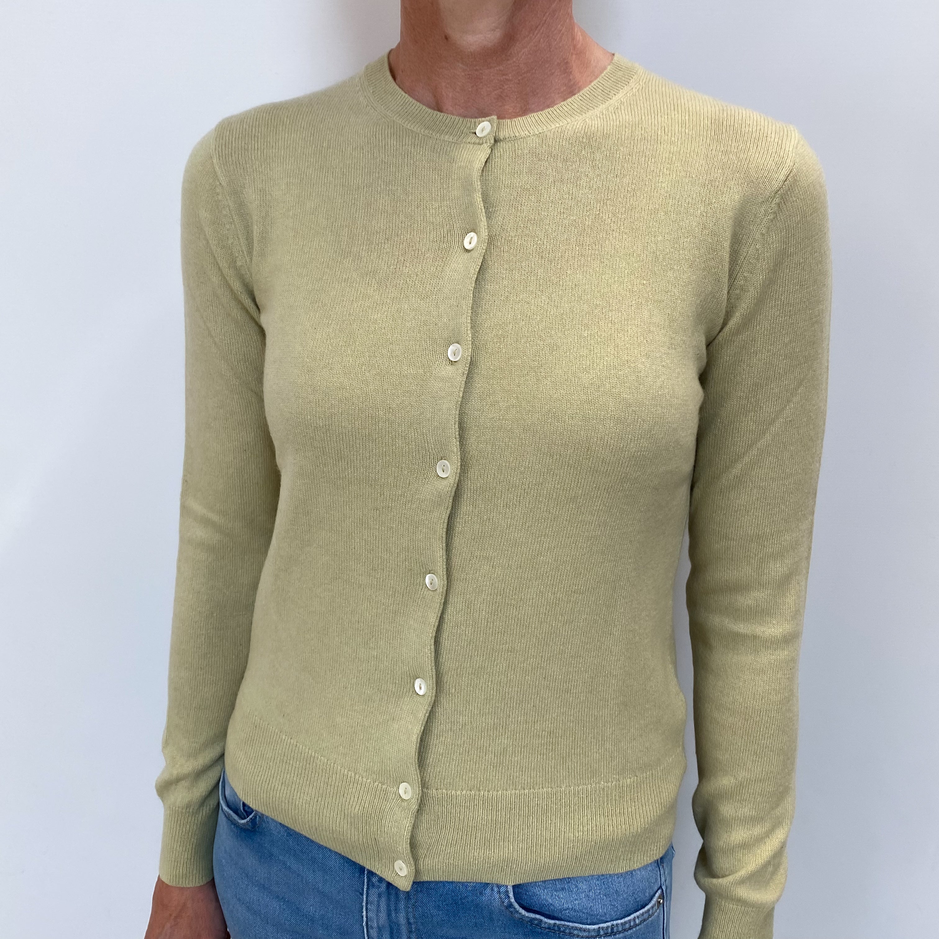 Pistachio Green Cashmere Crew Neck Cardigan Small
