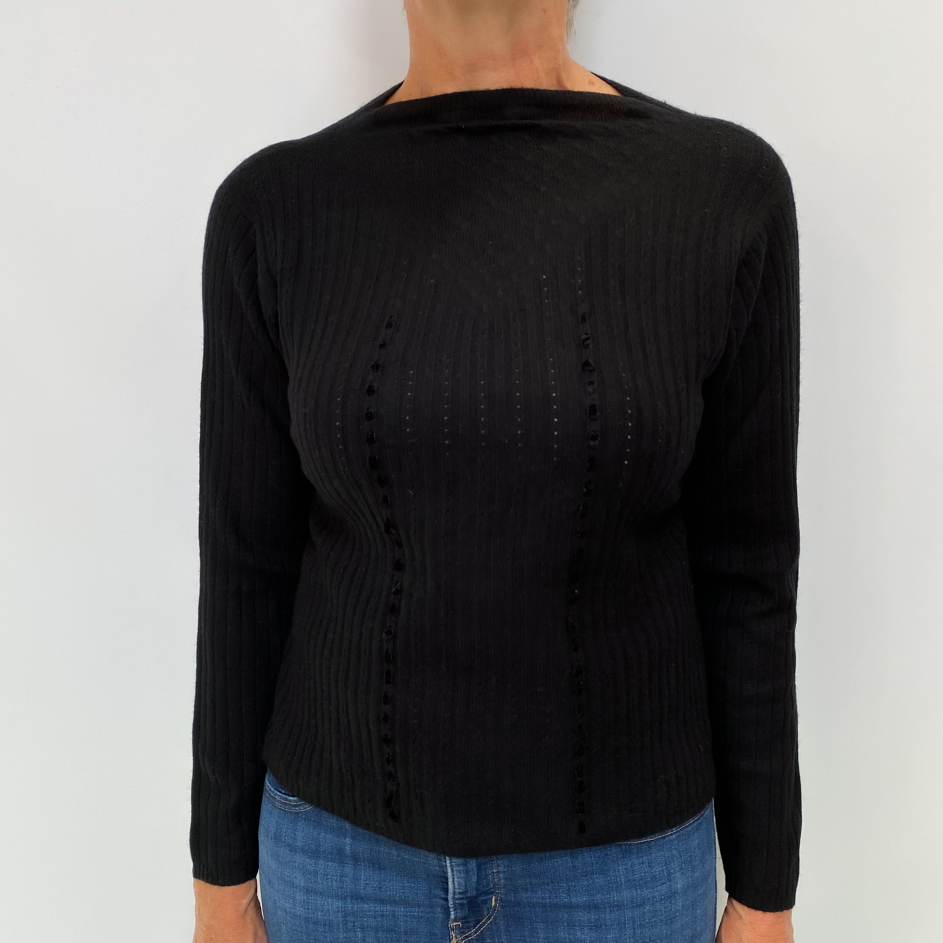 Black Cashmere Boat Neck Ribbed Knit Jumper Medium