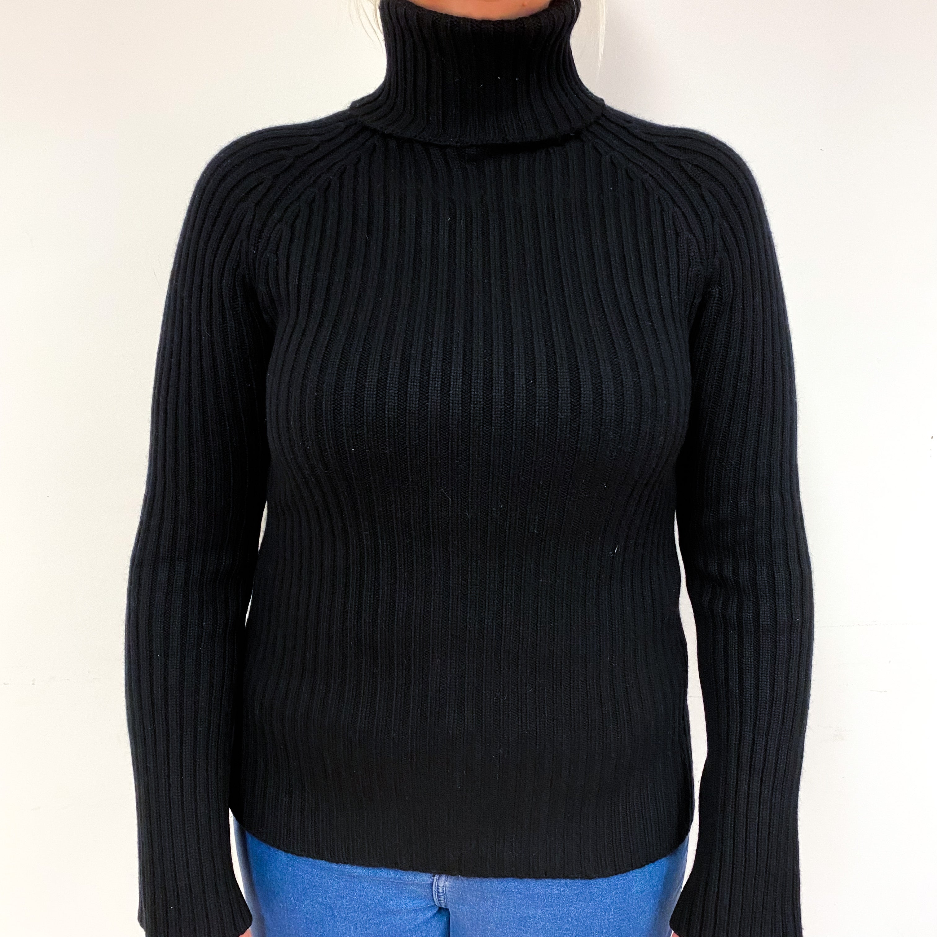 Black Chunky Rib Cashmere Polo Neck Jumper Large