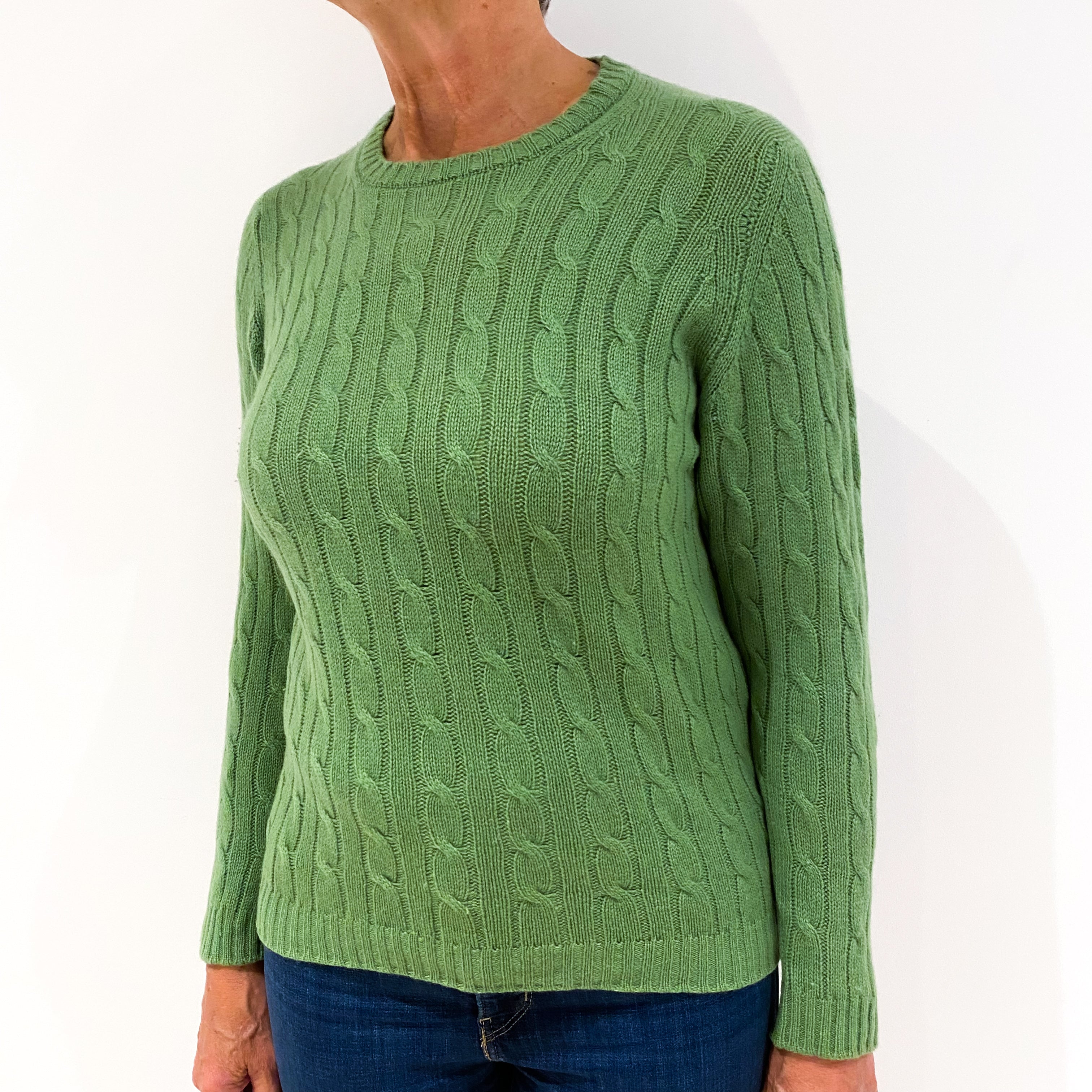 Grass Green Chunky Cable Knit Cashmere Crew Neck Jumper Medium