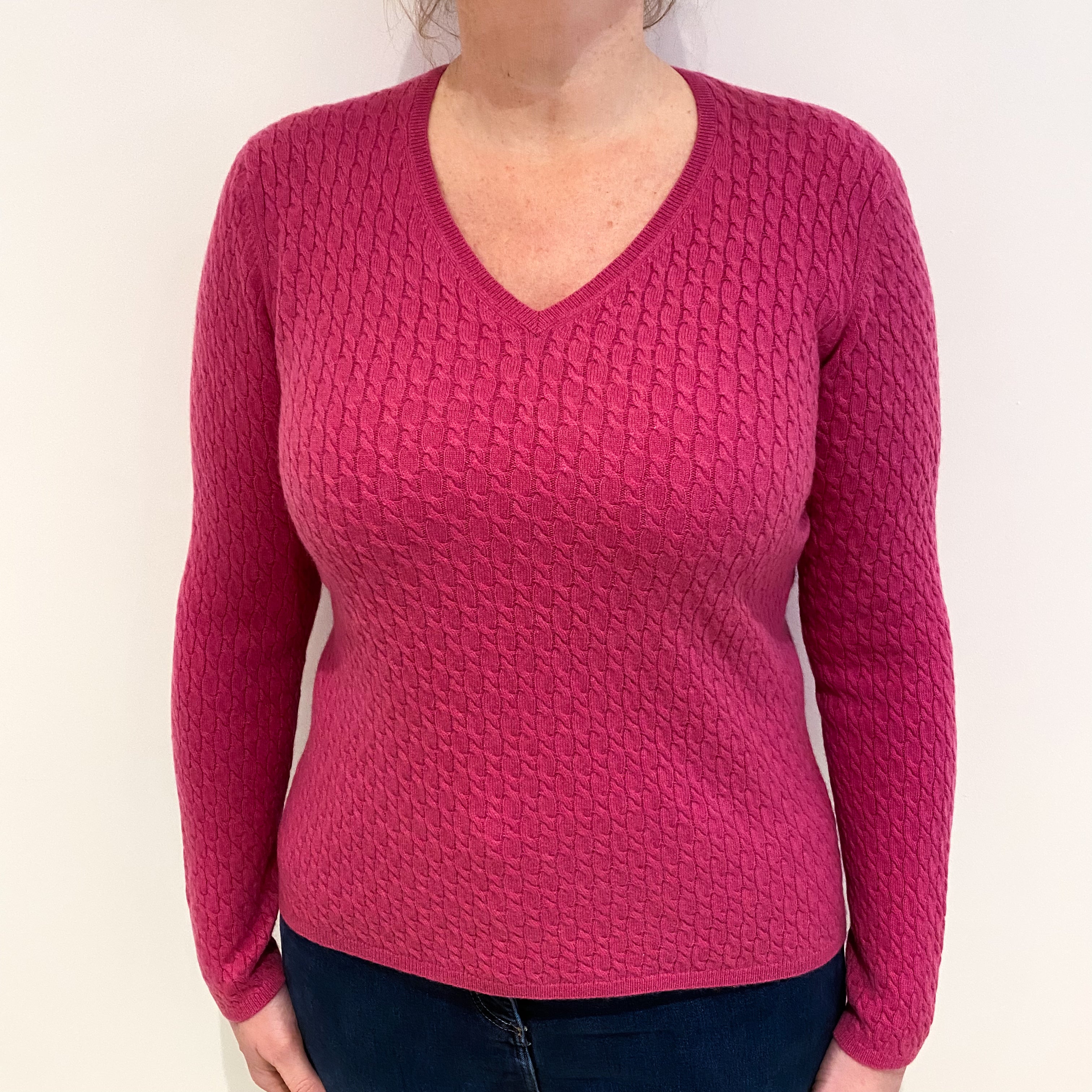 Tulip Pink Cable Cashmere V Neck Jumper Large