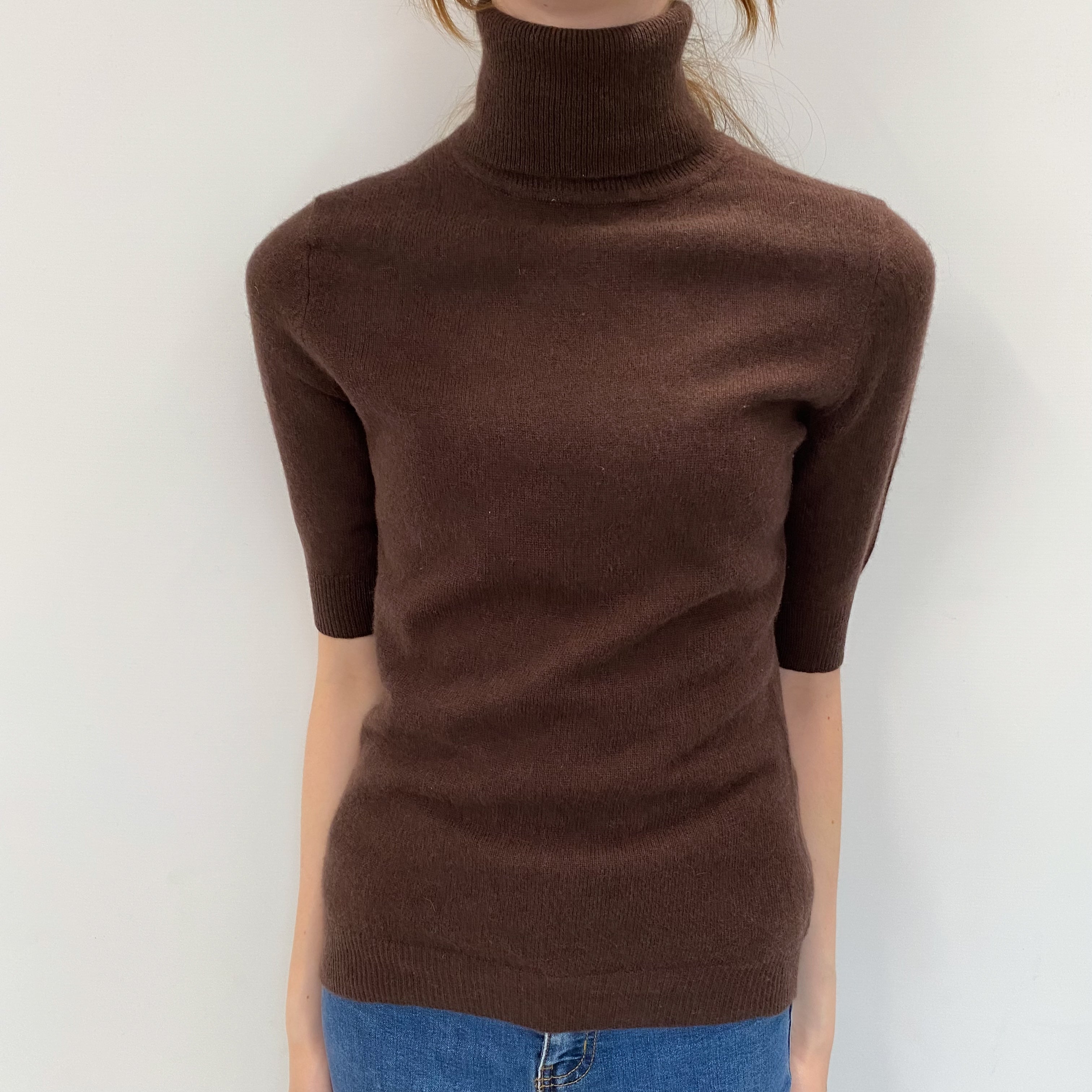 Chocolate Brown Cashmere Short Sleeved Polo Neck Jumper Extra Small