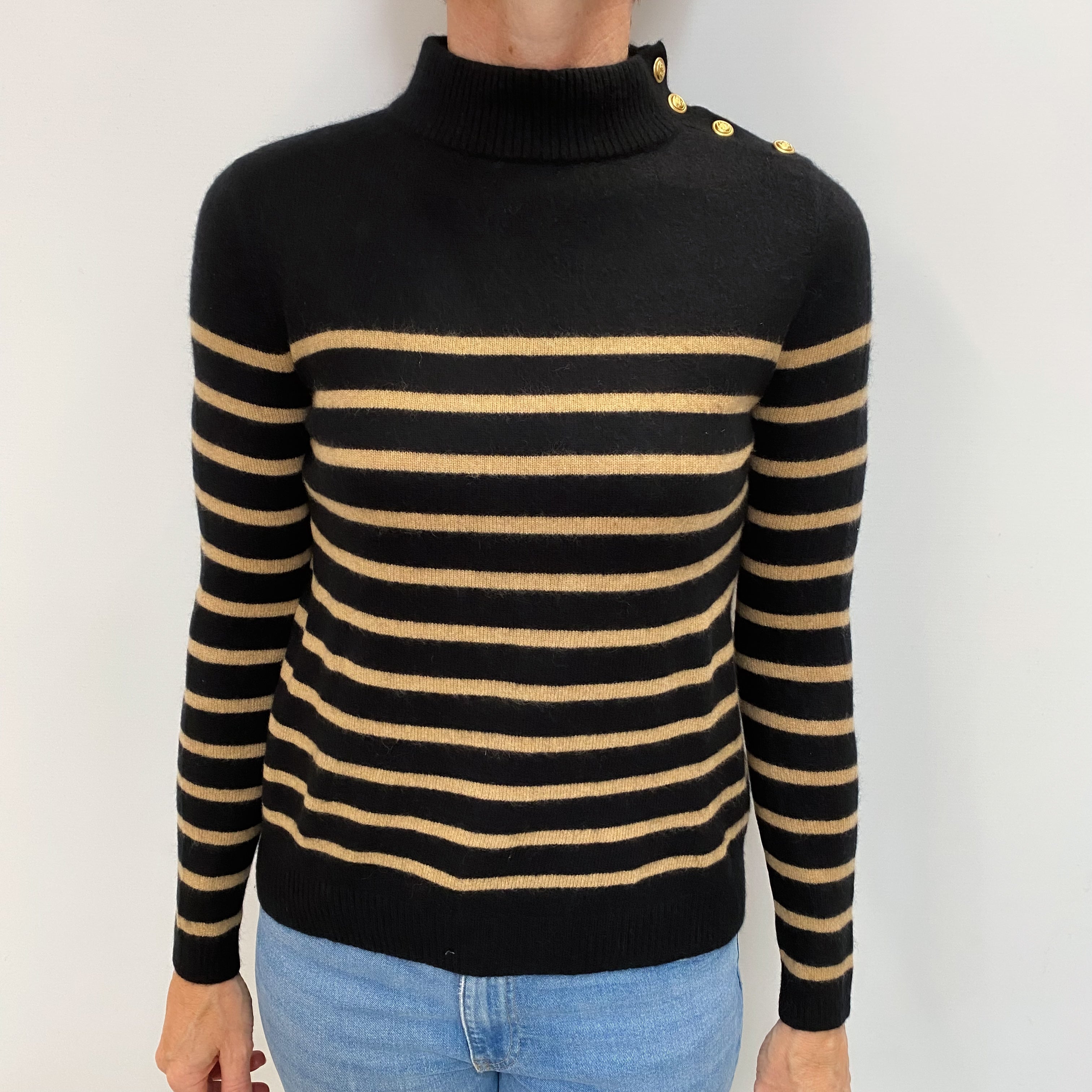 Black Caramel Stripe Cashmere Turtle Neck Jumper Small