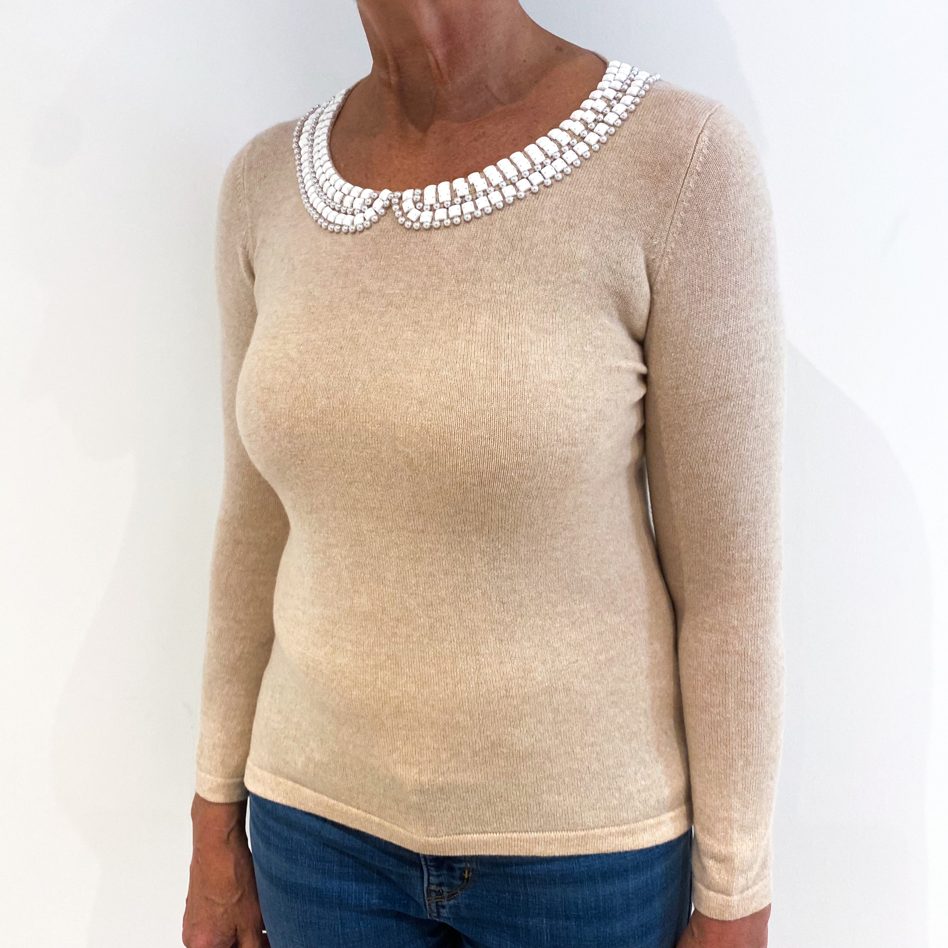 Buff Beige Embellished Cashmere Crew Neck Jumper Medium