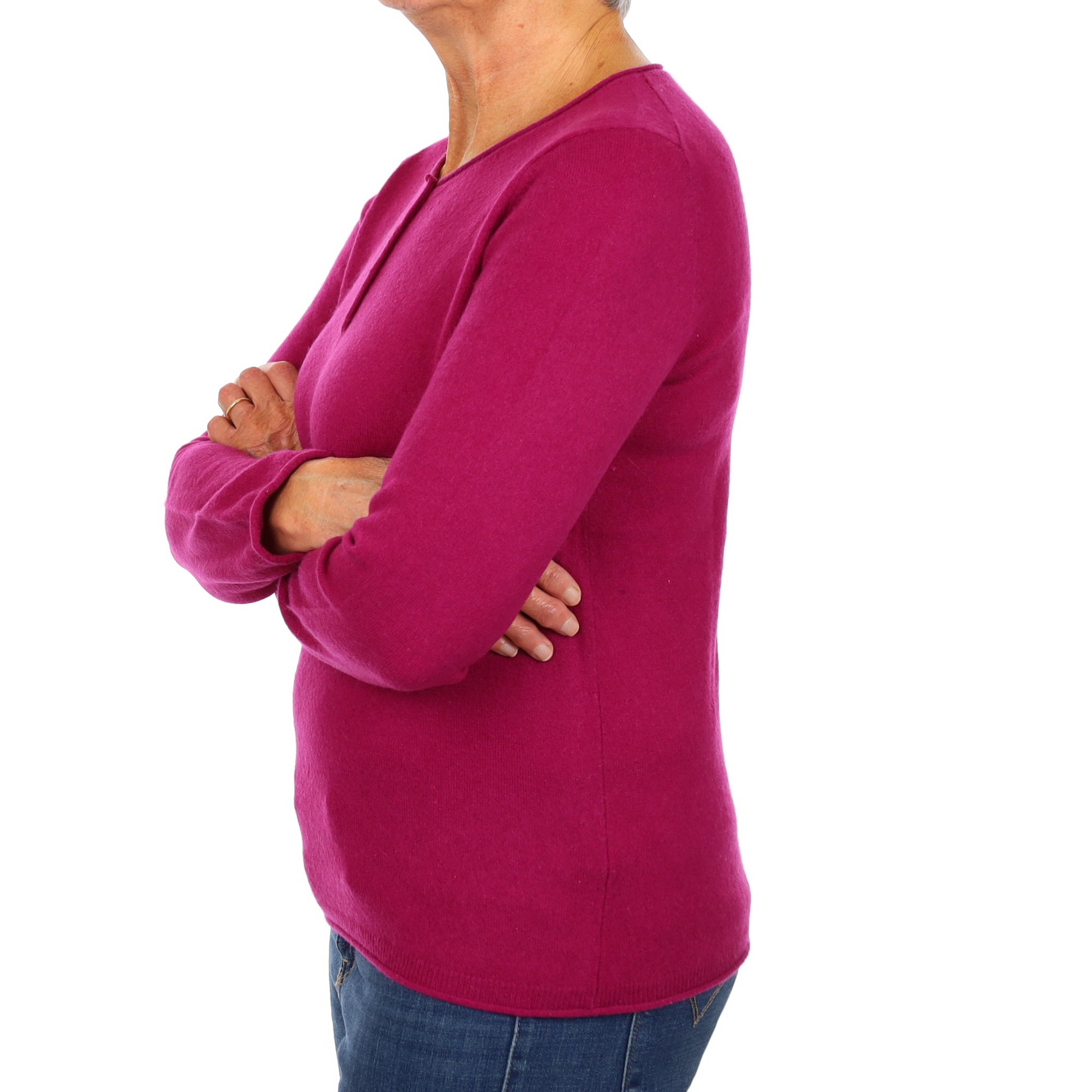 Magenta Pink Cashmere 3/4 Button Crew Neck Jumper Medium