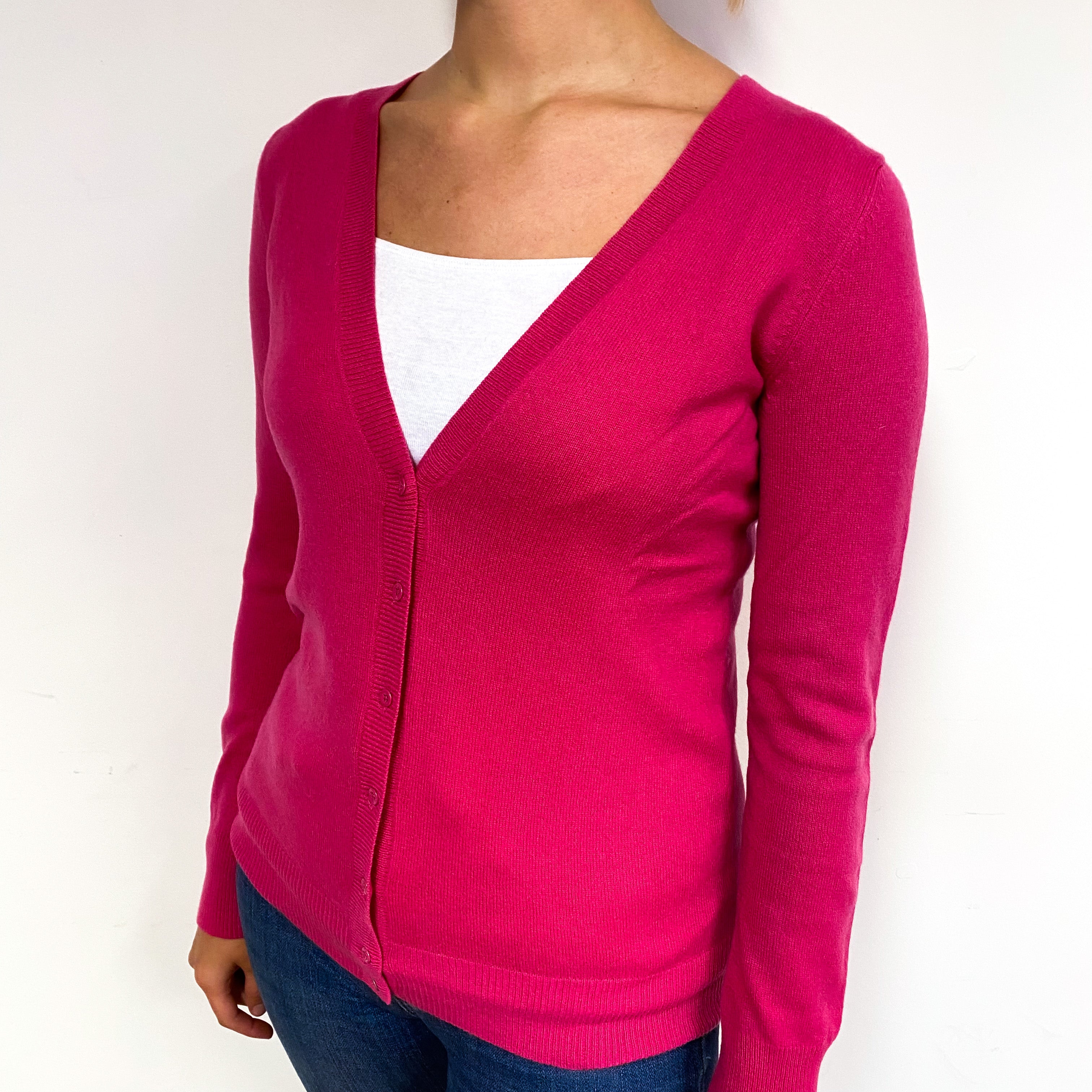 Fuchsia Pink Elbow Patch Cashmere V-Neck Cardigan Small