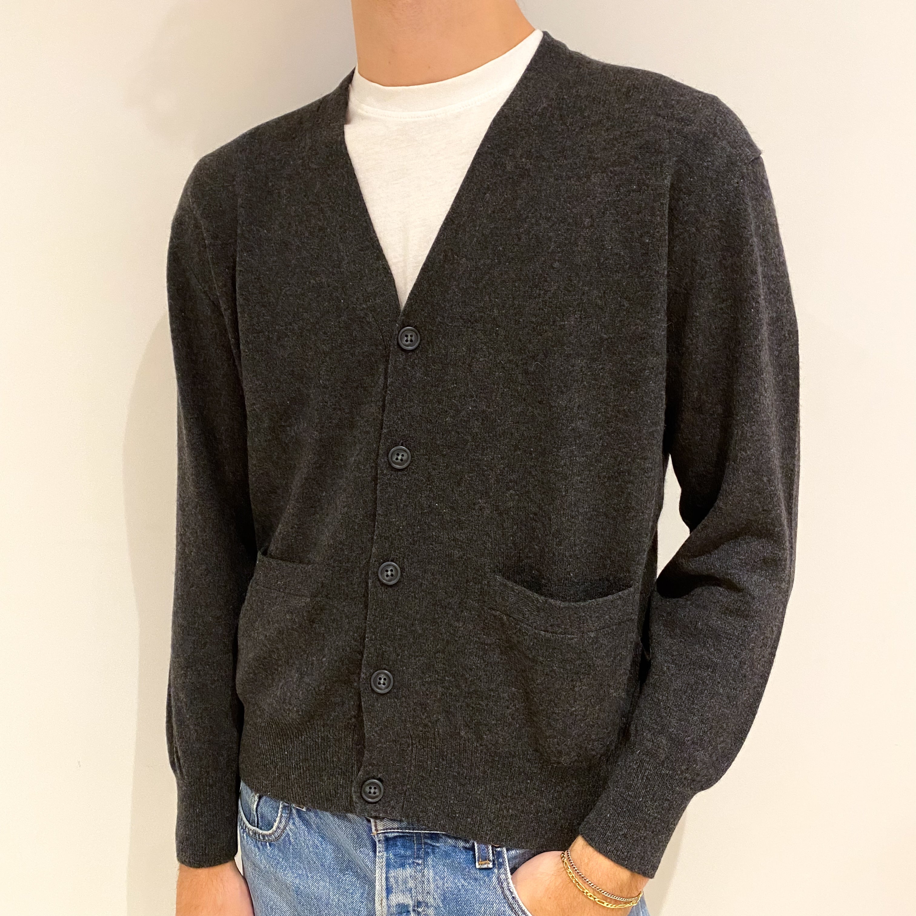 Men's Charcoal Grey Cashmere V Neck Cardigan with Pockets Medium