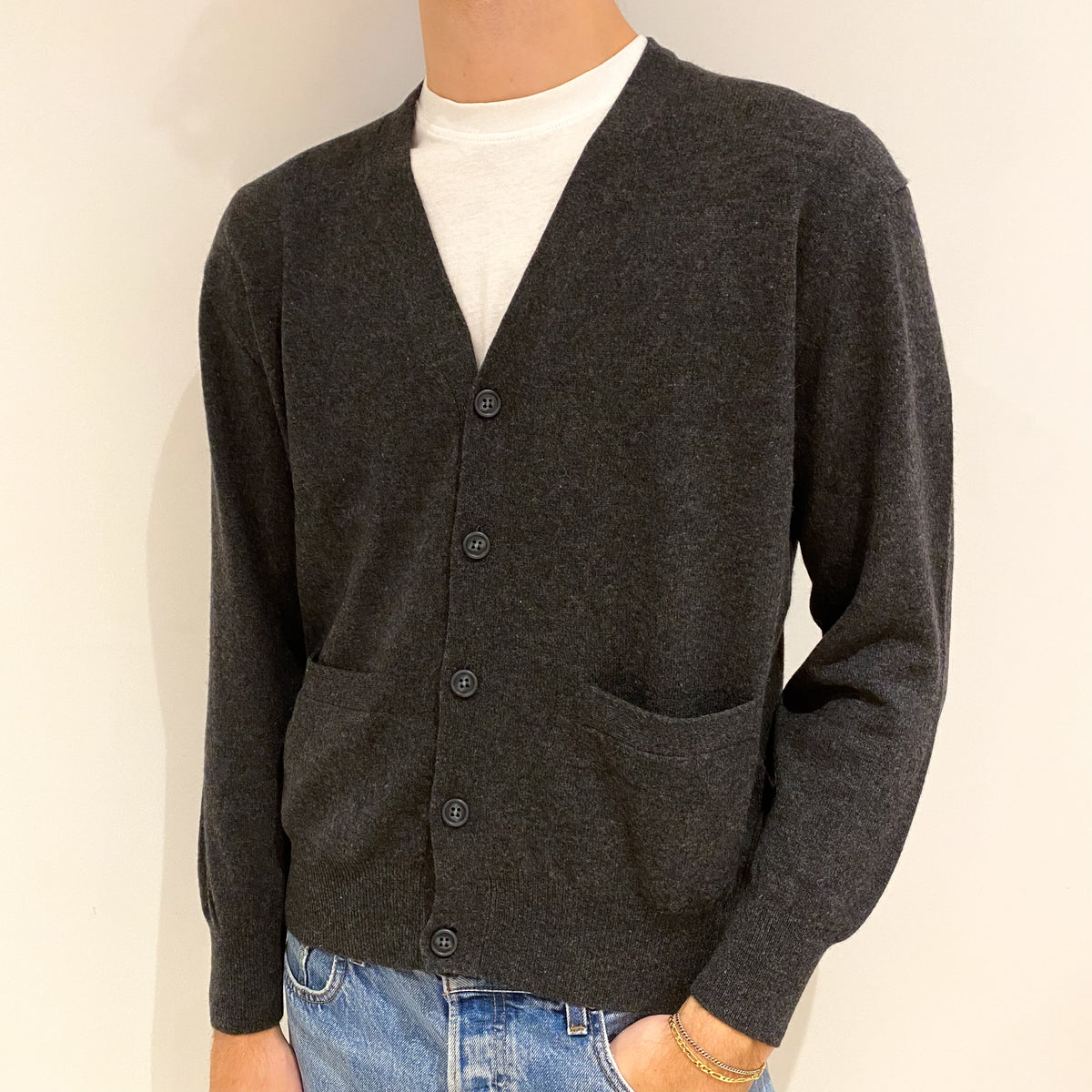 Men's Charcoal Grey Cashmere V Neck Cardigan with Pockets Medium