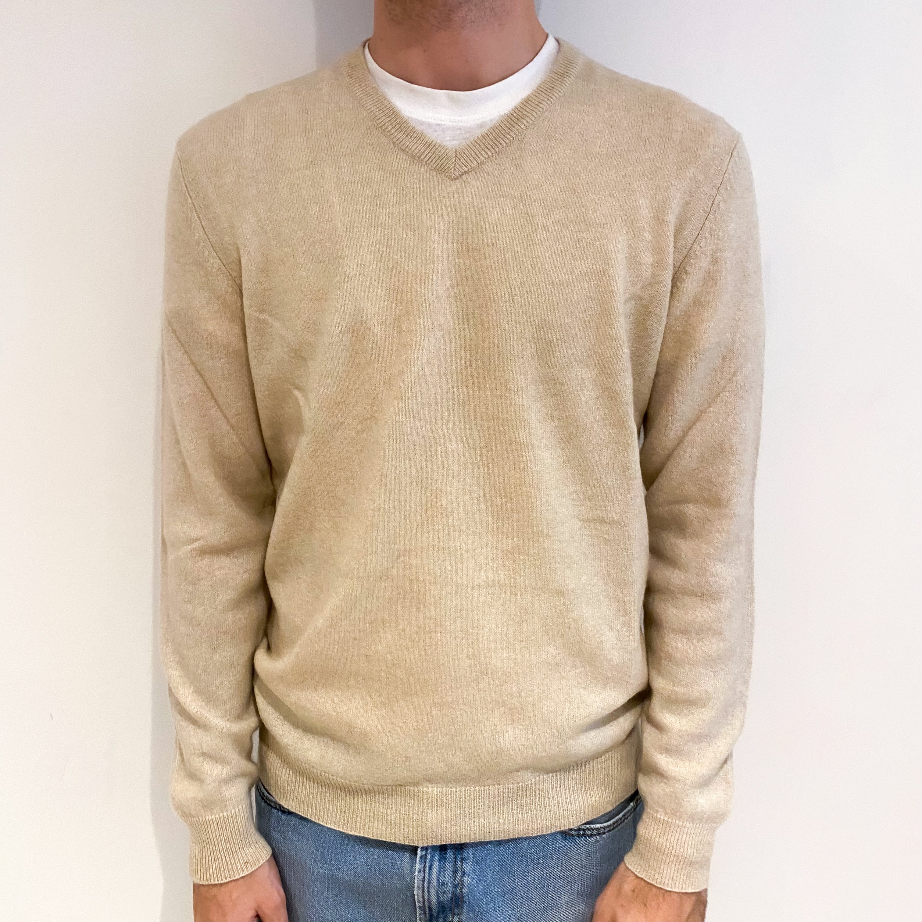Men's Vanilla Beige Cashmere V Neck Jumper Medium