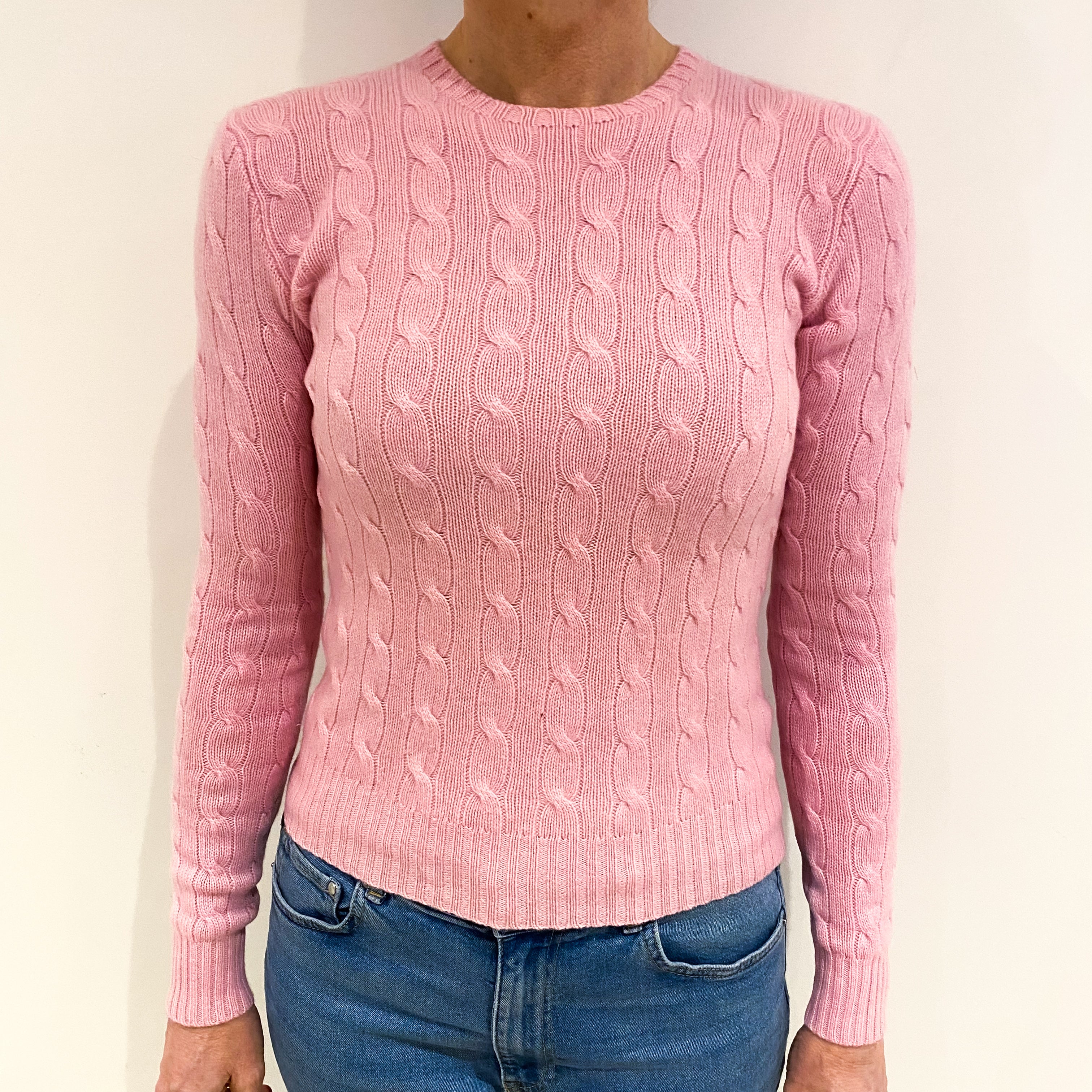 Ralph Lauren Sugar Mouse Pink Cashmere Crew Neck Cable Knit Jumper Small