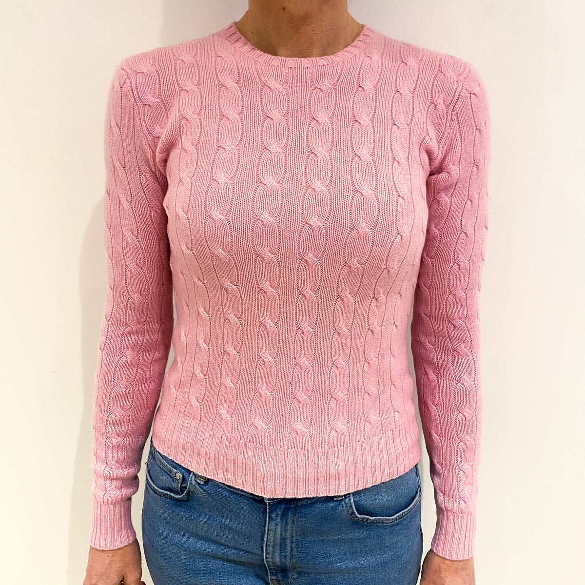Ralph Lauren Sugar Mouse Pink Cashmere Crew Neck Cable Knit Jumper Small
