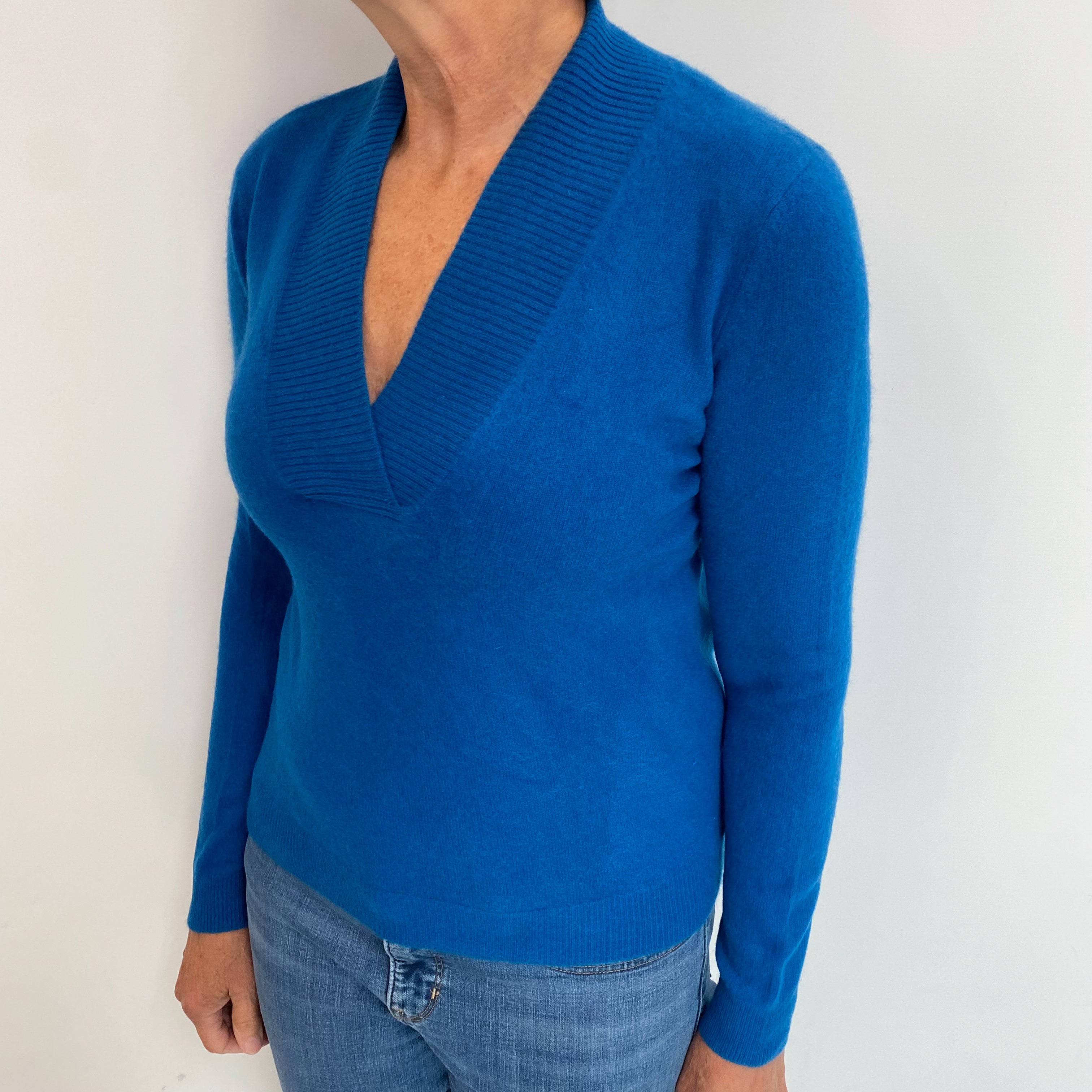 Teal Blue Cashmere V Neck Jumper Medium