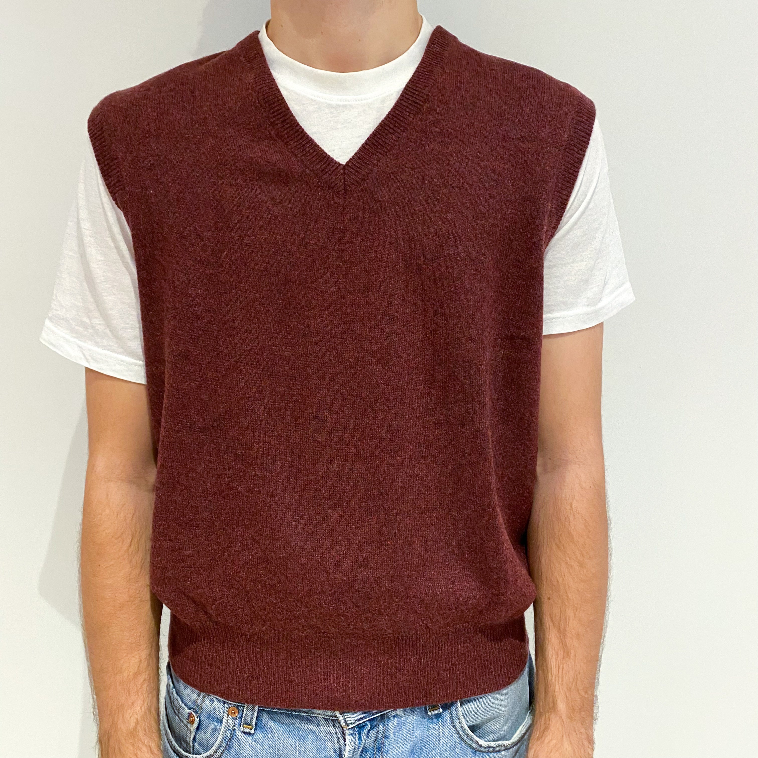 Men's Mulberry Red Cashmere V-Neck Tank Top Large