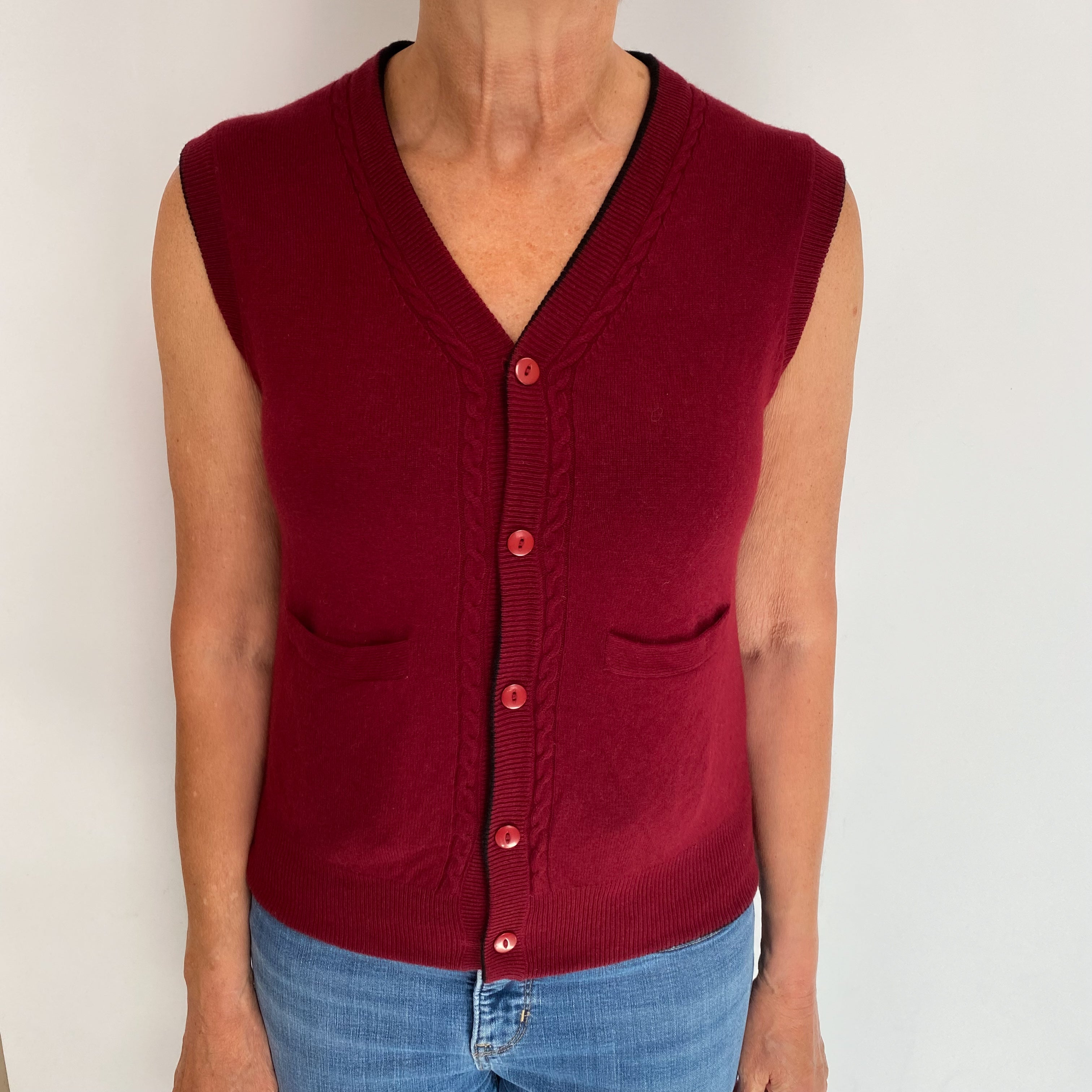 Burgundy and Black Cashmere V Neck Jumper Medium